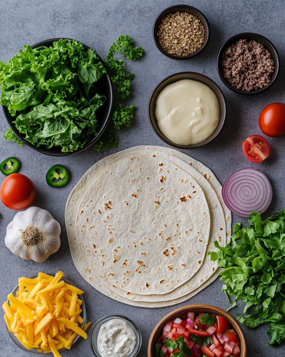 A stack of four folded quesadilla slices arranged on a wooden board, each slice showing a toasted golden brown tortilla with visible char marks. Inside each folded tortilla, there are layers of melted orange and white cheese mixed with browned ground meat. Small green cilantro leaves are scattered inside the quesadilla layers and on the wooden board. In the background, two red tomatoes sit beside a small wooden bowl filled with white sour cream topped with green herbs, all placed on a white marbled surface. photo taken with an iphone --ar 4:5 --v 7