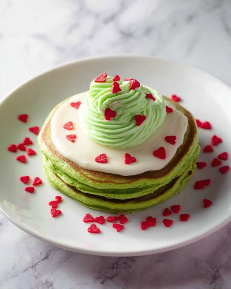 Copycat IHOP Grinch Pancakes with Cream Cheese Icing Glaze and Green Whipped Cream Recipe