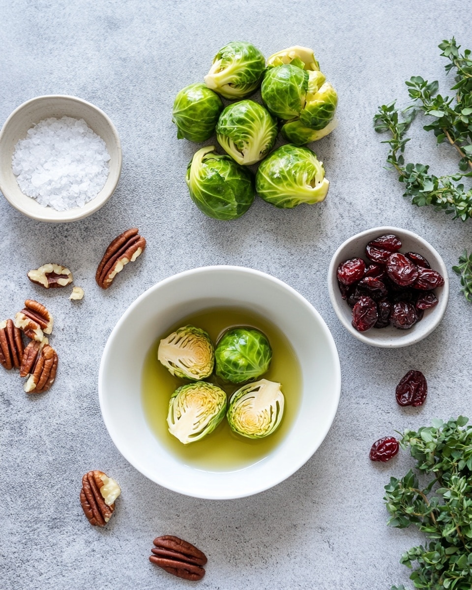 A white plate holds a pile of roasted Brussels sprouts, each cut in half showing a mix of golden-brown crispy edges and green inside. Scattered over the Brussels sprouts are small chunks of white cheese, bright red dried cranberries, and bits of brown pecans. The plate sits on a white marbled surface with soft natural light highlighting the textures and colors. photo taken with an iphone --ar 4:5 --v 7
