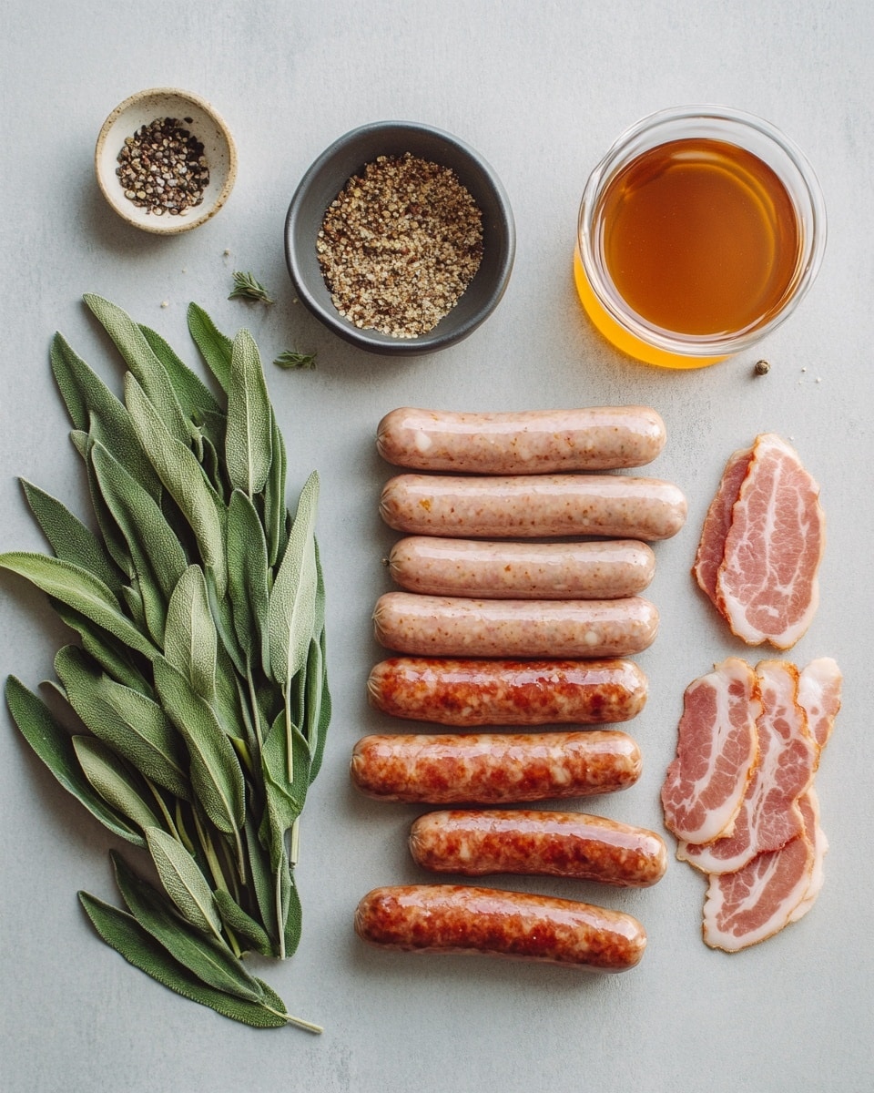 A white oval dish holds two layers of small sausages wrapped in bacon, with a shiny, dark brown glaze coating them, sprinkled with small green herb leaves. The sausages are stacked neatly, showing the reddish-pink bacon stripes and the darker, caramelized grill marks. A silver fork rests on the right side of the dish, placed on a white marbled surface. In the background, there are small white jars and a clear glass container with silver spoons and forks. A white cloth is partially visible in the bottom right corner of the image. Photo taken with an iphone --ar 4:5 --v 7