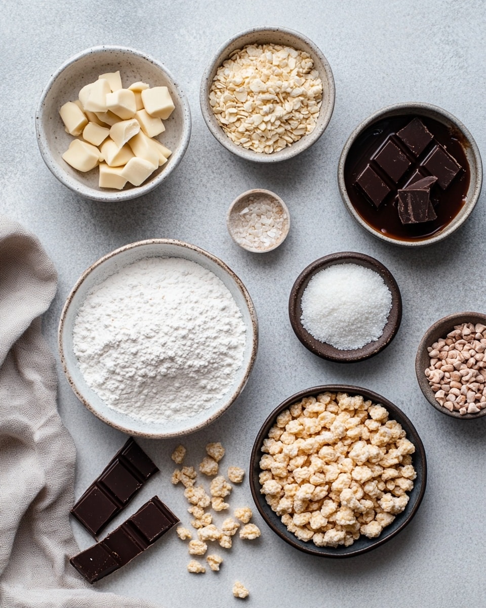 A white bowl full of round chocolate-covered balls with thin chocolate drizzles on top sits in the center on a white marbled surface. To the upper right, there is a small white bowl filled with smooth peanut butter with a spoon holding some peanut butter resting beside it. To the upper left, a clear bowl is filled with crispy pale rice cereal. Around the bowls, a few chocolate balls and bits of cereal are scattered. A black and white zigzag cloth is partially seen at the bottom left corner. photo taken with an iphone --ar 4:5 --v 7