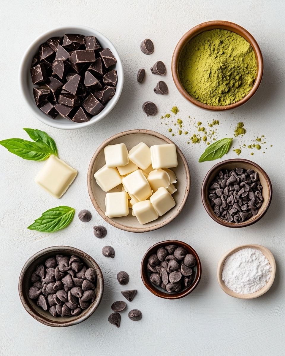 The image shows several square pieces of a three-layer mint chocolate treat scattered on a white marbled surface, with small chocolate crumbs around them. Each piece has a smooth dark brown chocolate top layer, a thick pale green mint middle layer, and a thin darker brown chocolate bottom layer. Bright green fresh mint leaves are placed around the treats, adding a pop of color. A white cloth with a light blue stripe is partially visible in the corner. photo taken with an iphone --ar 4:5 --v 7