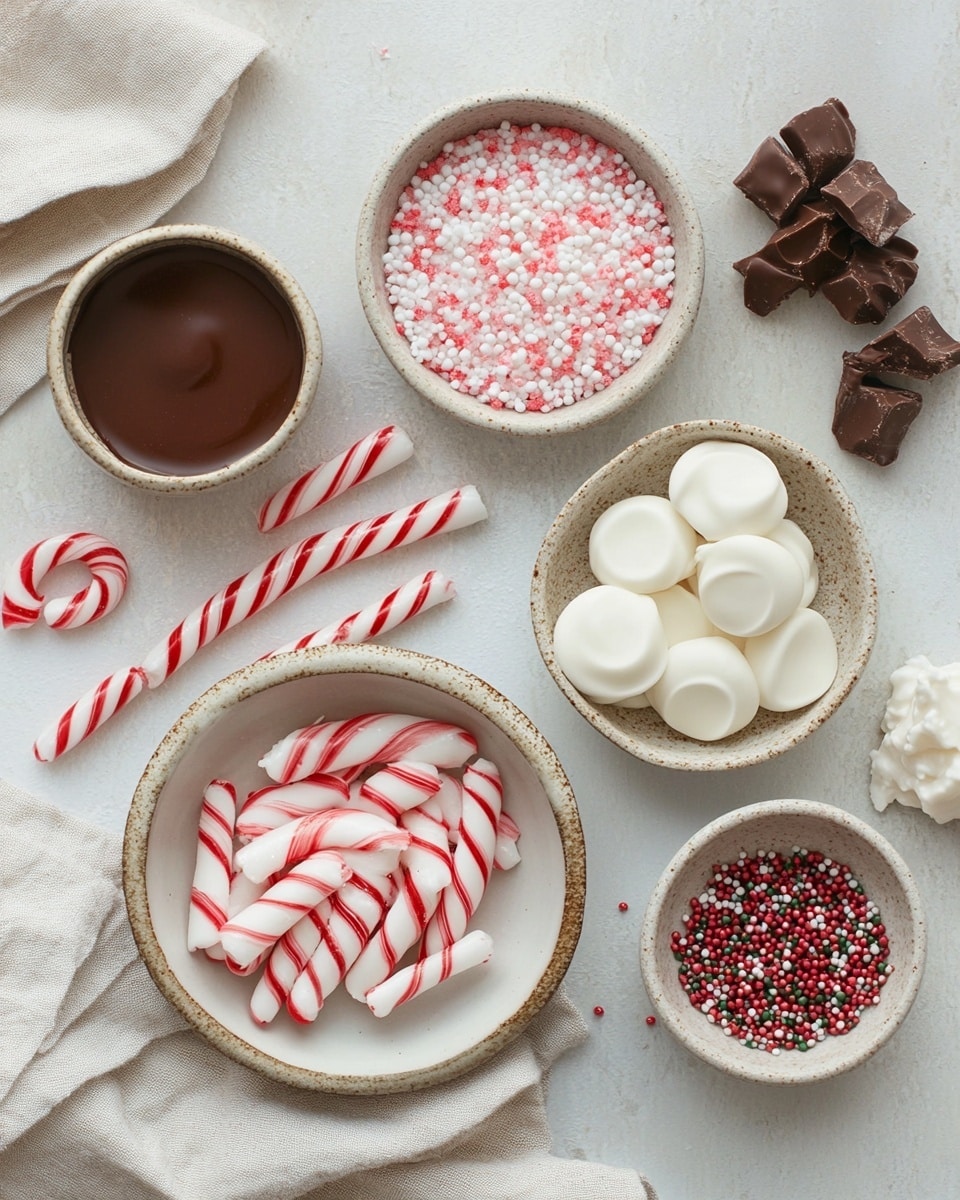Three clear triangular bags are filled with light brown hot cocoa powder at the bottom, topped with small white marshmallows arranged closely in the middle, and each bag holds a candy spoon at the top. Each spoon is striped pink and white with a rounded end dipped in dark chocolate and covered with small round sprinkles in red, white, and green. The bags are tied at the top with different natural string ties, placed on a white marbled textured surface, scattered with red and white peppermint candies and extra candy spoons. Photo taken with an iphone --ar 4:5 --v 7