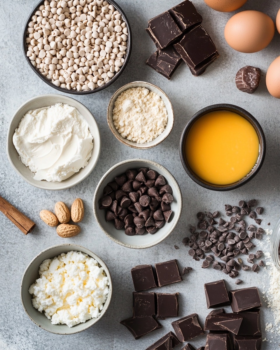 A three-layer round cake sits on a clear glass cake stand over a white marbled surface. The bottom layer is dark brown and dense, the middle layer is a thick light tan creamy filling, and the top layer is a shiny dark chocolate glaze that drips unevenly down the sides. The top is covered with a generous amount of small, chopped peanut butter cup pieces that are light brown with a dark chocolate outer layer. In the background, there is a wooden board scattered with more peanut butter cups, and a stack of four white plates with forks on them. A few whole peanut butter cups lie on the white marbled surface near the cake. photo taken with an iphone --ar 4:5 --v 7
