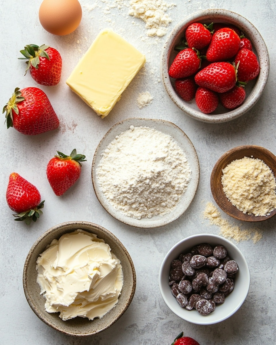 Twelve round, golden-brown cookies with small pieces of bright red strawberries scattered throughout sit neatly on a black wire cooling rack. Each cookie looks soft and slightly puffy with uneven, natural shapes. The cooling rack rests on a smooth white marbled surface. Around the rack, fresh whole and sliced strawberries add vibrant red and green touches. Part of a white bowl filled with strawberries is visible in the top left corner, and a white pan with a black handle is partially seen in the top right. A white cloth with black patterns lays on the bottom left edge. Photo taken with an iphone --ar 4:5 --v 7