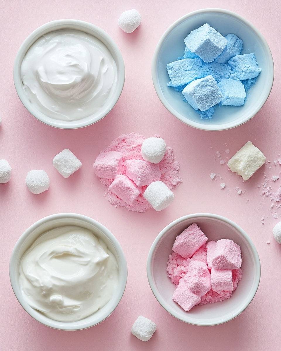 The image shows a clear glass rectangular dish filled with two-colored soft ice cream, made in layers of bright pink and light blue dollops evenly spread. There is a silver ice cream scoop holding a round, mixed pink and blue scoop of the ice cream taken from the dish. Behind the dish, there are fluffy tufts of cotton candy in light blue and pink placed on a white marbled surface. The overall look is colorful and playful with smooth, creamy textures. photo taken with an iphone --ar 4:5 --v 7