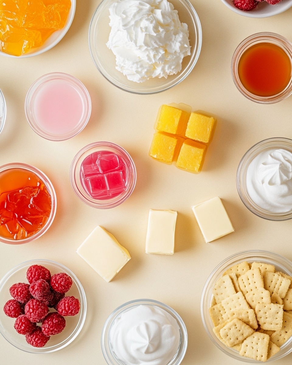 A slice of a three-layer mousse cake is shown on a white plate with light decorative patterns. The bottom layer is a crumbly, light brown crust. Above that is a thick pink mousse layer with a slightly speckled texture, followed by a smooth yellow mousse layer, and topped with a light orange mousse layer. On top, there is a small swirl of white whipped cream sprinkled with fine yellow crumbs. The background shows more slices of the cake, each decorated with similar whipped cream swirls, all set on a white marbled surface. photo taken with an iphone --ar 4:5 --v 7