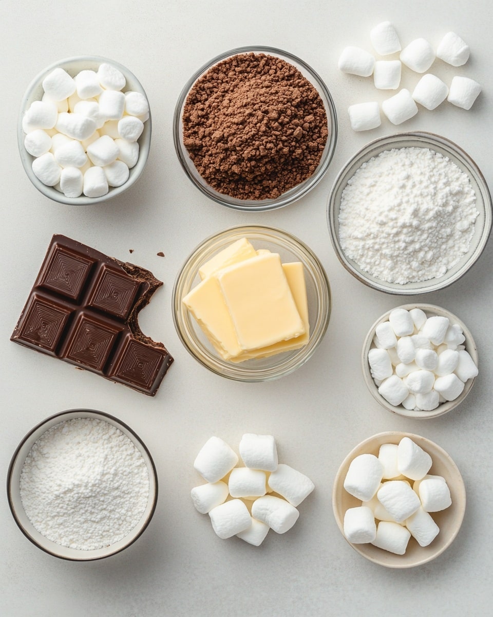 A square piece of a dessert bar is being lifted by a metal spatula from a metal baking tray. This dessert has three layers: the bottom layer is a crumbly, light brown crust, the middle layer is a smooth, dark chocolate, and the top layer is covered with small, toasted marshmallows that are golden brown and slightly puffed. The baking tray is on a white marbled surface with a kitchen towel partially visible underneath. Photo taken with an iphone --ar 4:5 --v 7