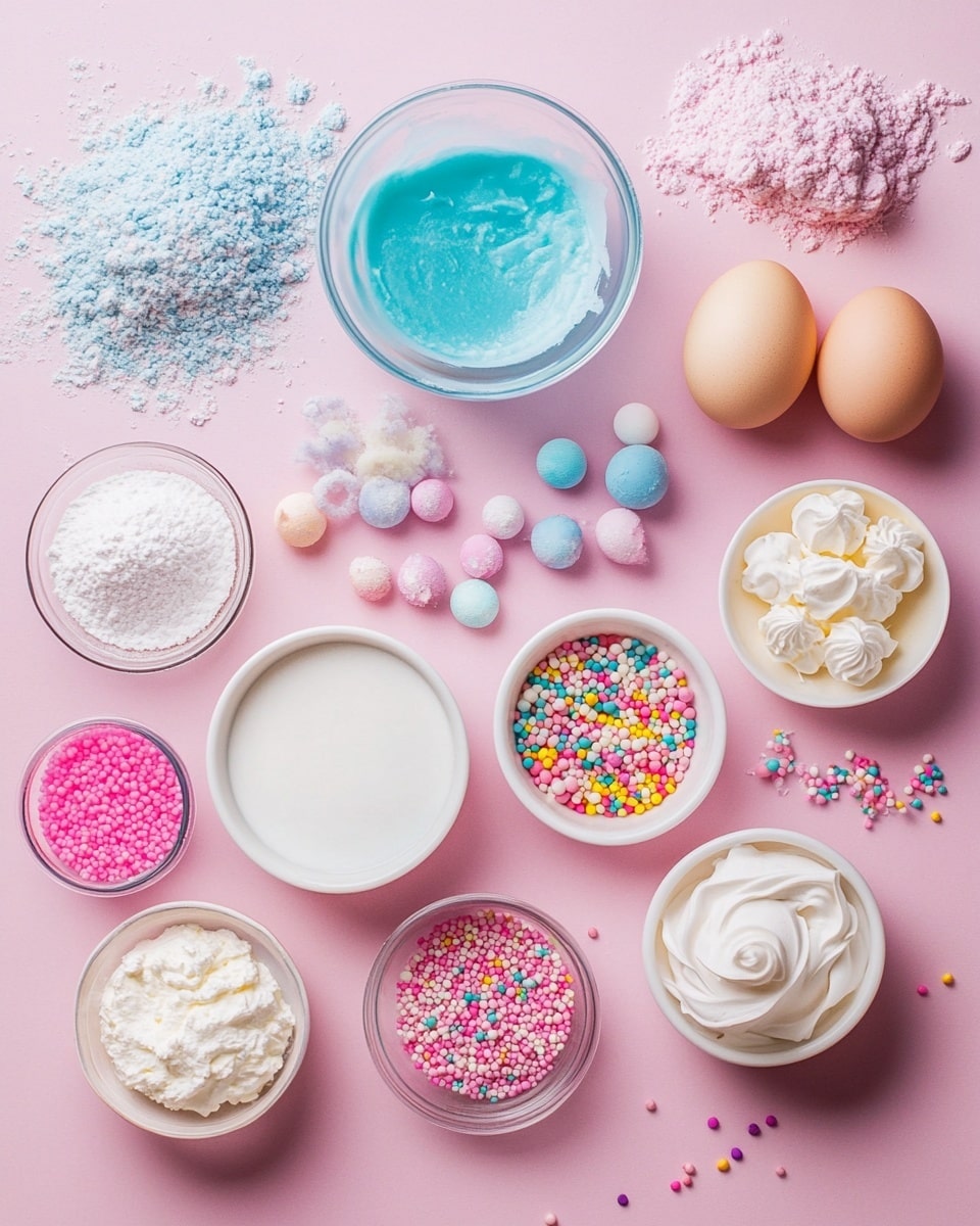 This image shows a close-up of a colorful slice of cake on a white plate, placed on a white marbled surface. The cake has three main visible layers of sponge: the bottom layer is bright blue, the middle layer is purple with some pink blending in the center, and the top layer is white cream with a pale yellow custard layer just under the cream. The white cream on top is thick and fluffy, decorated heavily with many different sprinkles in colors like pink, blue, purple, yellow, and white, with various shapes including stars, balls, and rods. A woman's hand has taken a small bite from the side, showing the soft texture of the cake. Photo taken with an iphone --ar 4:5 --v 7