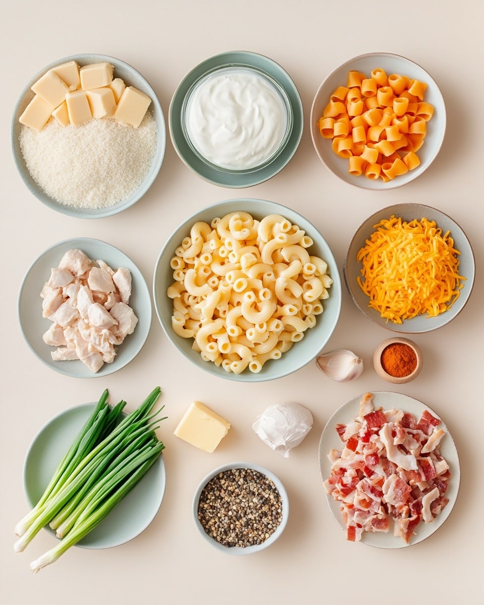 This image shows a white rectangular dish with a creamy, layered casserole. The bottom layer is soft and white, with a smooth texture. Above this, a thick creamy white sauce is visible, mixed with bits of light brown and small chunks inside. The top layer is bright orange melted cheese with a smooth, shiny texture, dotted with crispy brown bacon pieces and small green onion pieces for color. A portion is missing from the corner, showing the inside layers melted together. The dish sits on a white marbled surface, and the photo was taken with an iphone --ar 4:5 --v 7