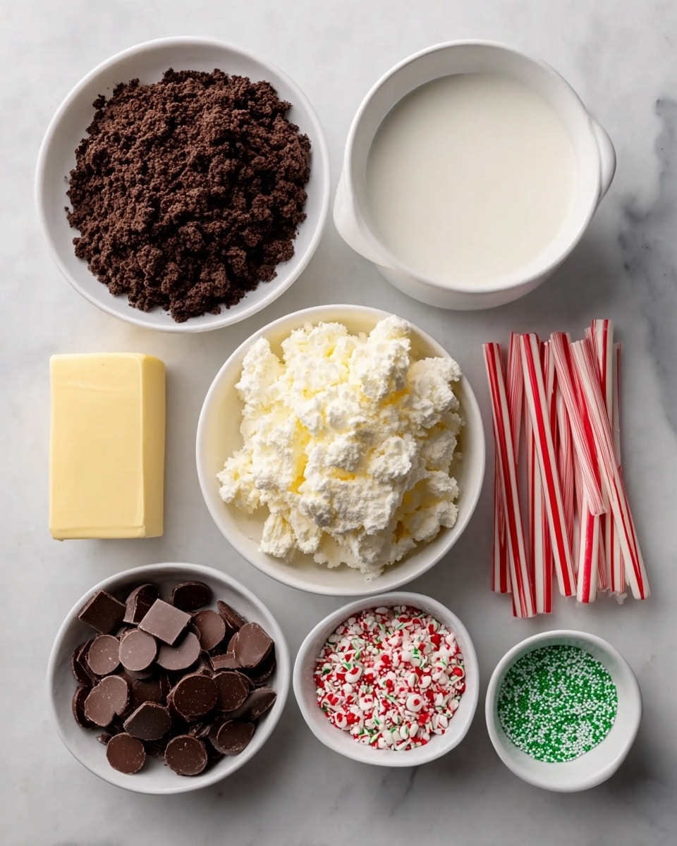 The image shows an arrangement of six white bowls and one block placed on a white marbled surface. The largest bowl at the top left is filled with dark brown crumbly chocolate cookie pieces. To the right of it is a smaller white bowl with a smooth white liquid, likely cream. Below the largest bowl is a solid pale yellow block, probably butter or cream cheese. Next to the block on the right is a medium bowl filled with white crumbly cheese or cream. Below the medium bowl is a small bowl filled with green crushed peppermint candy, while next to it on the right is another small bowl filled with red, white, and green round sprinkles. On the bottom left, there is a white bowl filled with small dark brown chocolate cup candies, and to the right of it are several thin red and white striped candy canes placed in a neat row. Photo taken with an iphone --ar 4:5 --v 7