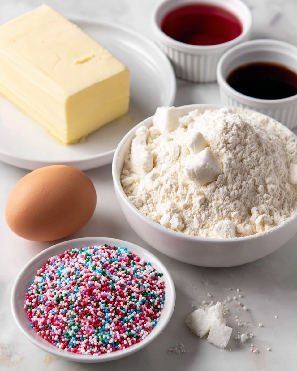 The image shows six baking ingredients arranged on a white marbled surface. In the center right, there is a white bowl filled with a light, powdery flour. Next to it on the left is a white plate holding a thick, creamy block of butter. In front of these, closer to the bottom left, there is a single brown egg resting on the surface. In the front center, a small white bowl is filled with colorful sprinkles in red, green, white, pink, blue, and purple. Behind the flour, to the top right are two small white ramekins, one with a bright red liquid and the other with a dark brown liquid. Photo taken with an iphone --ar 4:5 --v 7