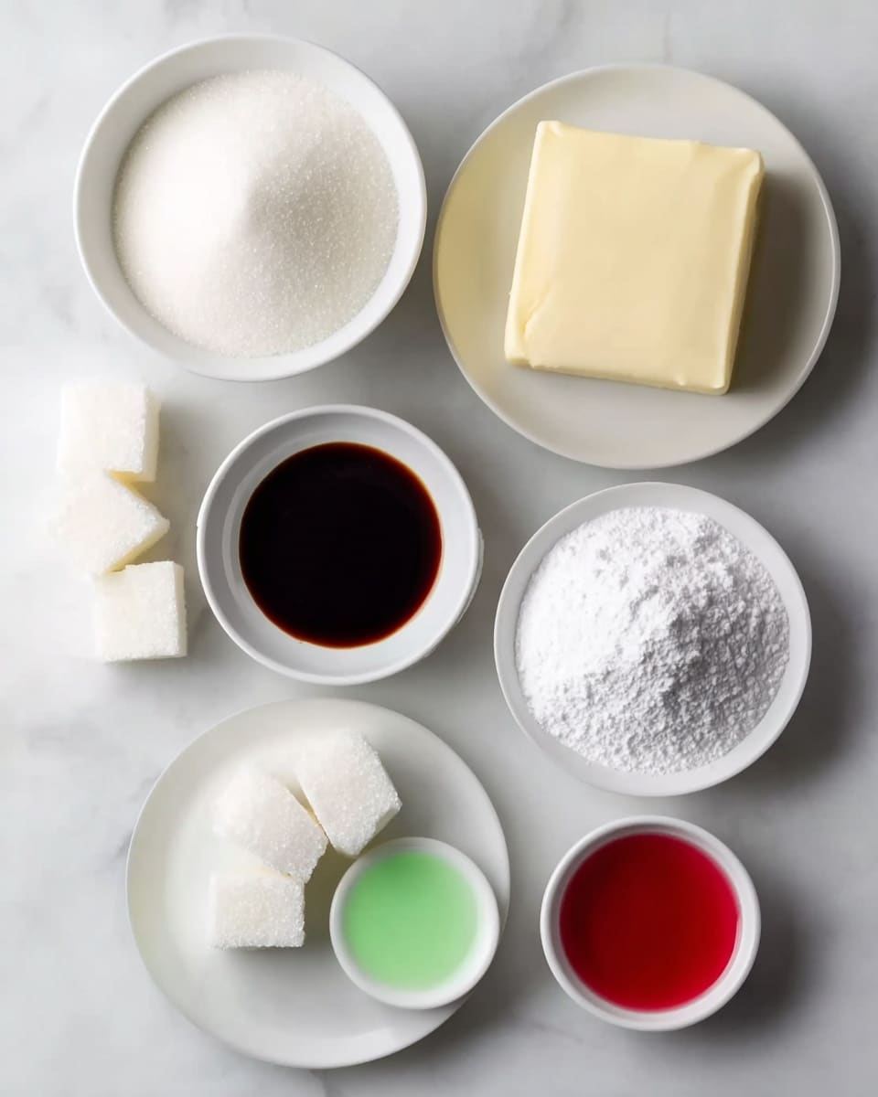 The image shows seven white dishes on a white marbled surface, each containing different baking ingredients. In the top left is a bowl full of white granulated sugar. To the right, a small plate holds a large square of pale yellow butter. Below the sugar bowl are four white sugar cubes scattered. Near the center right, a plate is piled high with white powdered sugar. Below that is a small bowl with dark brown vanilla extract. At the bottom left, there is a small bowl with green liquid, and next to it a smaller bowl with bright red liquid. All dishes are neatly arranged in a slightly loose cluster. photo taken with an iphone --ar 4:5 --v 7