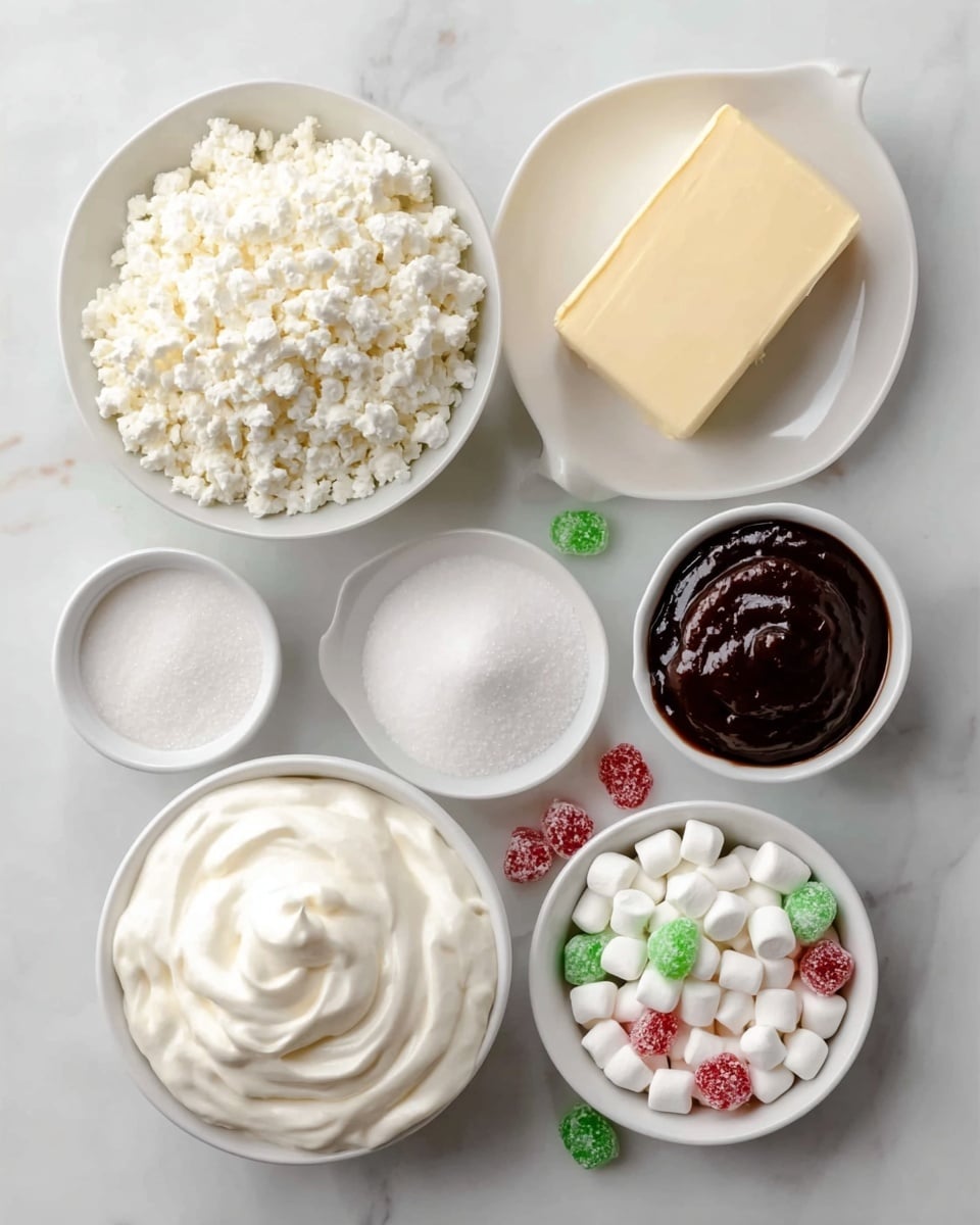 The image shows eight small white bowls and plates arranged on a white marbled surface, each holding a different ingredient. From the top left, there is a small bowl filled with a light beige granular powder, next to a rectangular block of pale yellow butter. To the right, a small bowl holds a dark brown thick sauce. Below, a medium bowl is filled with white crumbled cottage cheese. Towards the bottom left, a small bowl contains dark liquid, and next to it, a tiny bowl has green candy-coated pieces, with three red M&M candies placed nearby. Below these, a large bowl has smooth white cream with soft swirls. On the bottom right, a small bowl is filled with small white marshmallows. photo taken with an iphone --ar 4:5 --v 7