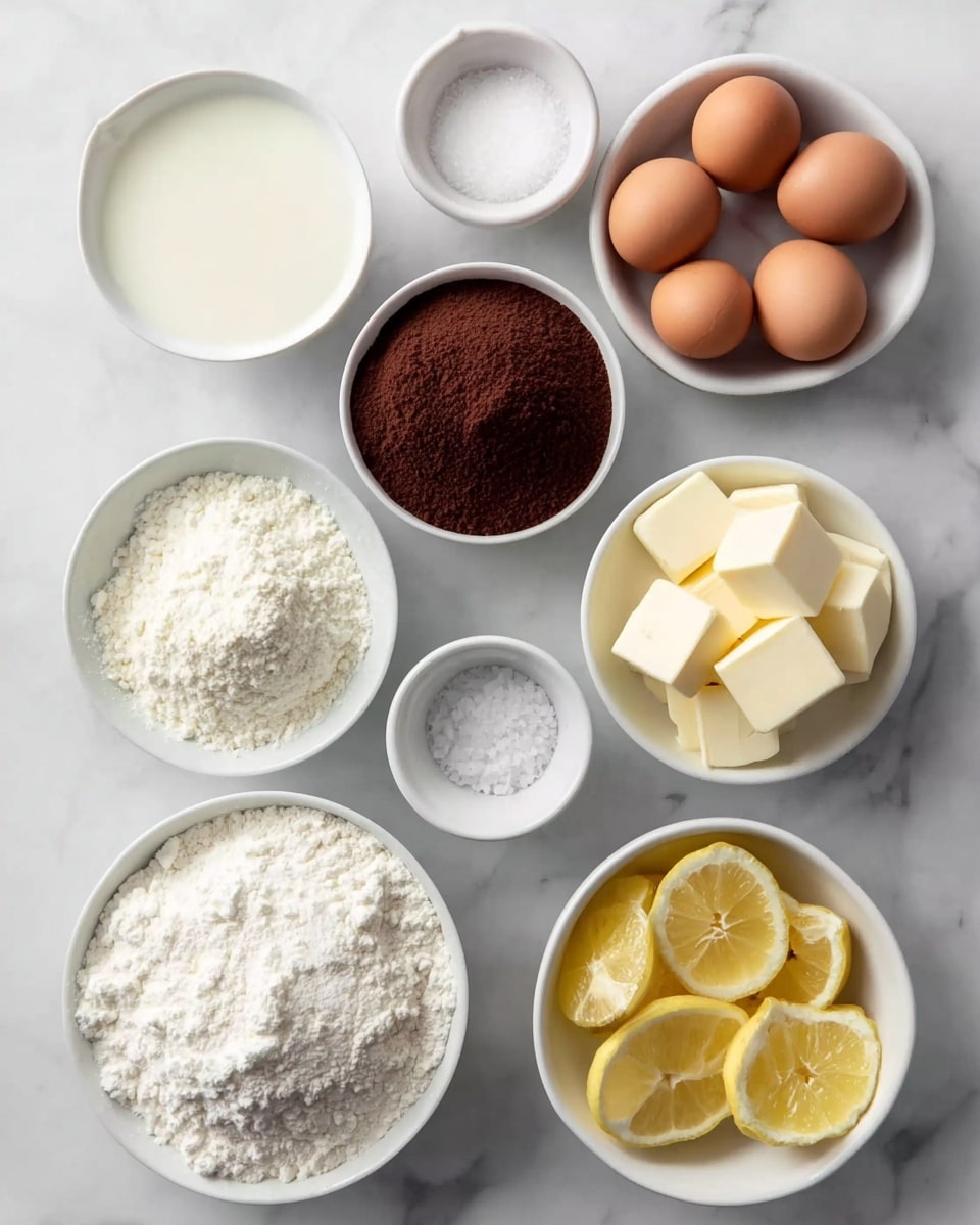 A top-down view of nine white bowls placed on a white marbled surface, each holding a different baking ingredient: seven brown eggs in one bowl, powdered cocoa in a scalloped bowl, white flour in a bowl filled to the top, cubed butter pieces, another bowl with smaller cubes of what looks like cream cheese or butter, two bowls with white granulated sugar of different amounts, one bowl with thin lemon slices, and a bowl with a milky liquid. The arrangement is neat and organized, showing a variety of textures and shades from white to brown and yellow. Photo taken with an iphone --ar 4:5 --v 7