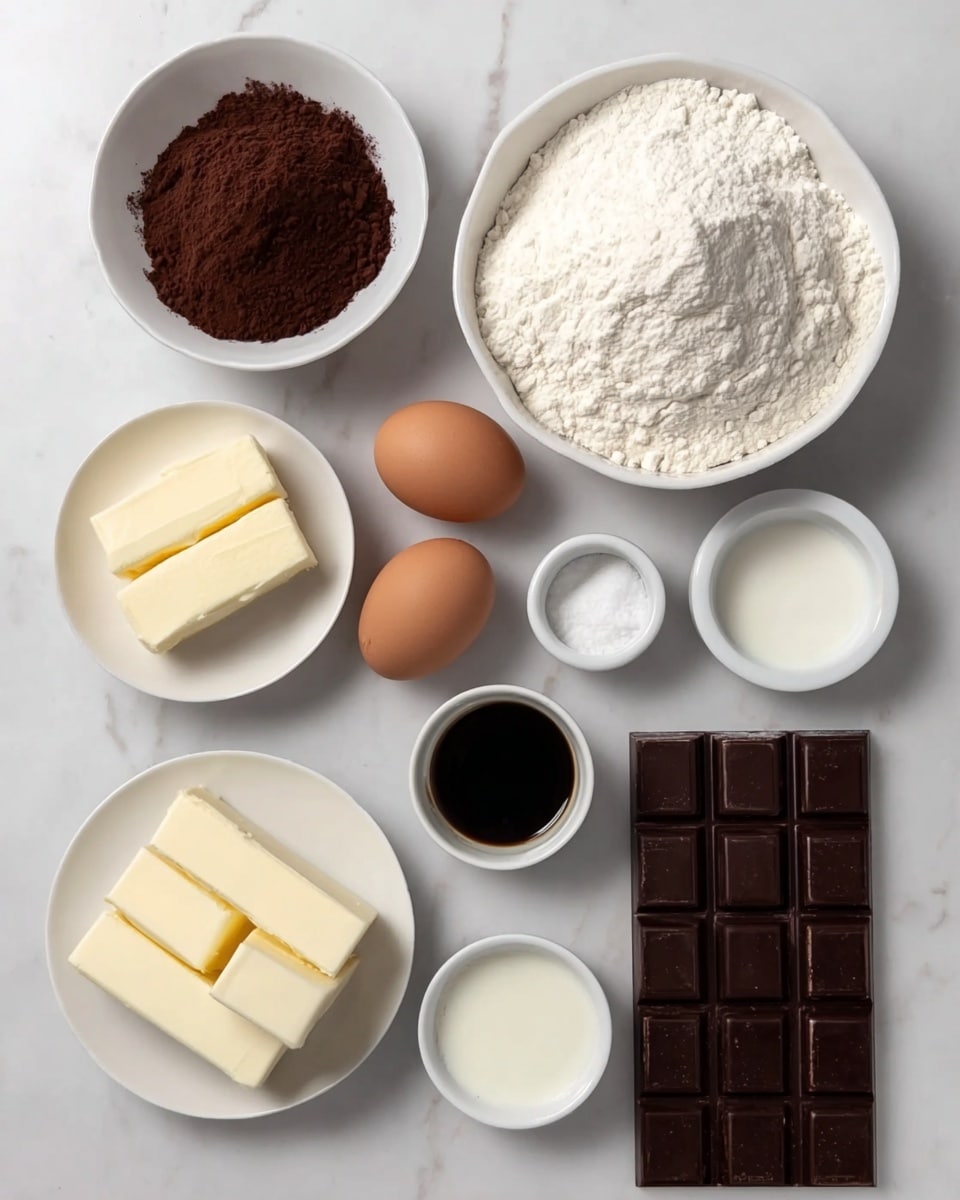 The image shows a collection of baking ingredients neatly arranged on a white marbled surface. There are nine white bowls and plates holding different ingredients: a mound of white flour in a large round bowl, two rectangular sticks of pale yellow butter in one bowl, a fine pile of dark brown cocoa powder in another, and a smooth black liquid in a round bowl. Two brown eggs are placed side by side directly on the surface. One small bowl contains white granulated sugar, and another small bowl holds fine salt. A separate small bowl is filled with white milk. A white square plate holds a large bar of white chocolate, and next to it lies a segmented bar of dark chocolate with visible squares. The overall look is clean and bright with a focus on the different textures and colors of each ingredient. photo taken with an iphone --ar 4:5 --v 7