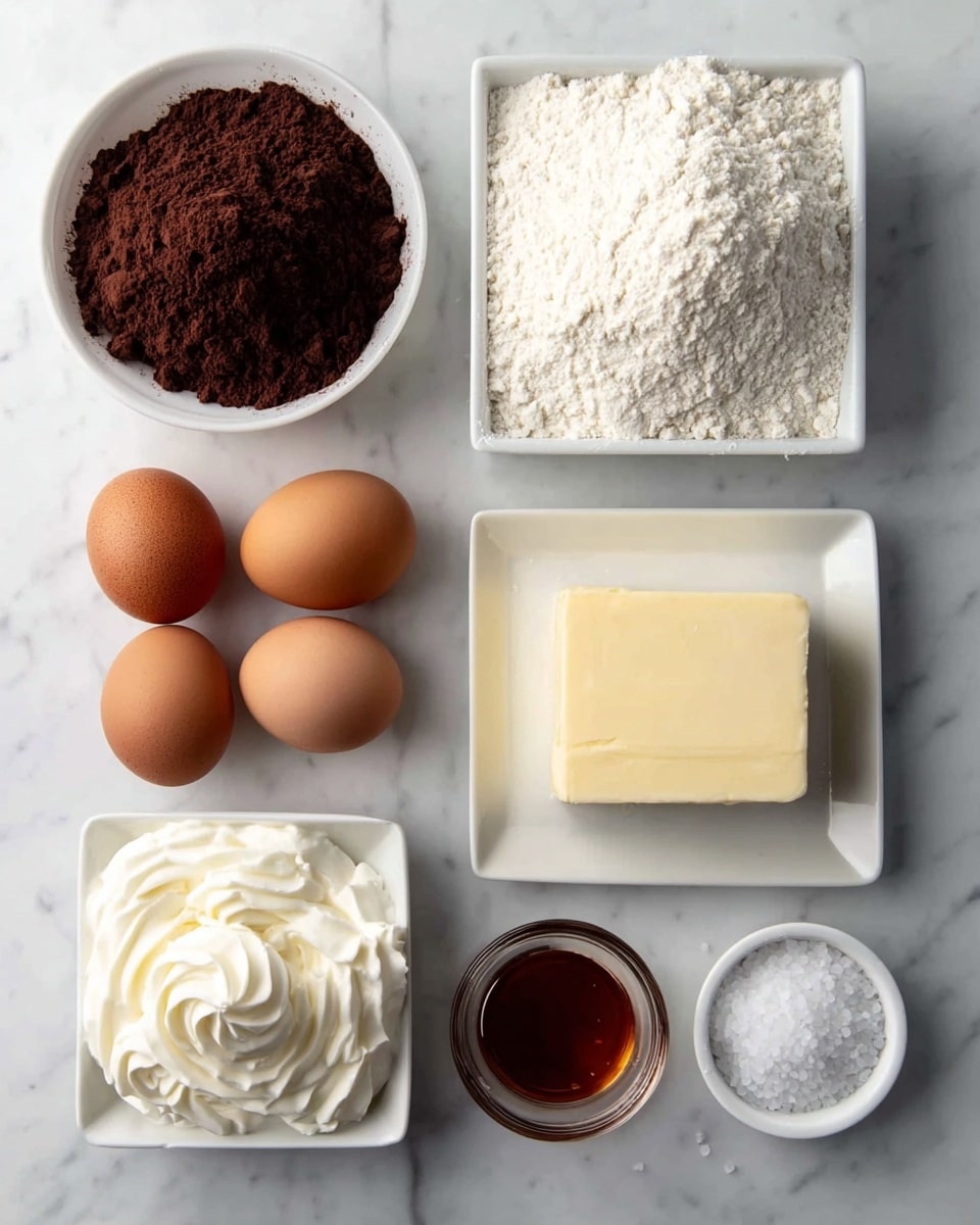 The image shows eight baking ingredients arranged neatly on a white marbled surface. In the top row, from left to right, there is a white square dish filled with dark brown cocoa powder with a fine texture and a white square dish filled with white flour, having a soft powdery look with some small lumps. Below them, starting from the left, there is a pile of white granulated sugar with a sparkling texture next to a white square dish holding a smooth, pale yellow stick of butter. To the right, there are three brown eggs with a smooth shell placed close together. Below the eggs, a small clear glass bowl contains amber-colored vanilla extract. At the bottom left, a white round bowl holds fluffy white cream with soft peaks and swirls. Finally, next to the cream, a white square dish contains coarse white salt crystals. The arrangement is clean and visually balanced. Photo taken with an iphone --ar 4:5 --v 7