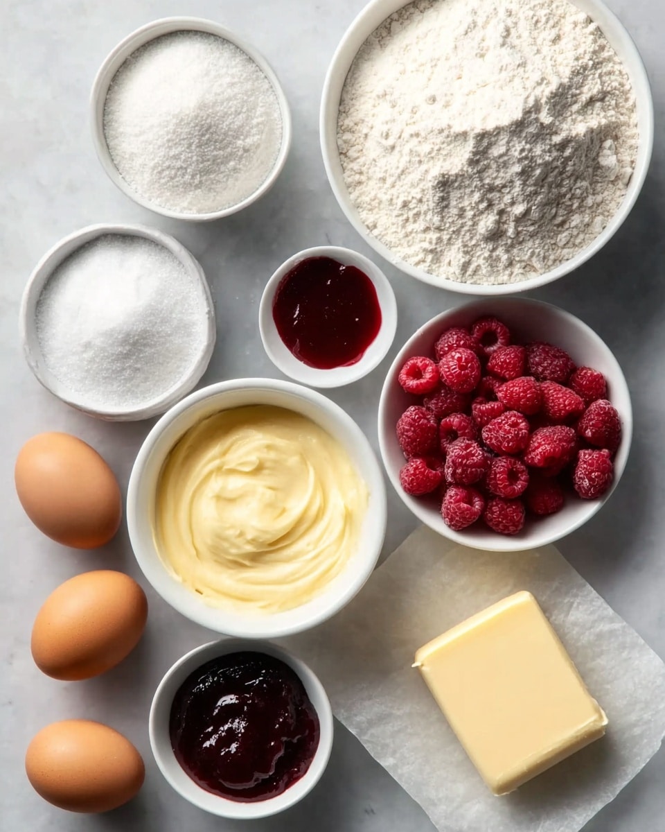 The image shows a collection of baking ingredients arranged neatly on a white marbled surface. There are seven visible elements: in the top left, a small white bowl with a yellow block of butter, next to it a larger white bowl full of white flour with a powdery texture. Below the bowl of butter is a medium-sized white bowl filled with white granulated sugar that looks fine and smooth. To the right is a small white bowl holding several bright red raspberries with a bumpy texture. Next to the raspberries are four whole brown eggs grouped together. In the center bottom, a small white bowl has thick, creamy white spread or frosting with a smooth swirled texture. To the left of the cream is a small white bowl containing red jam with a shiny, jelly-like surface. At the bottom right corner, a rectangular block of pale yellow butter sits on white parchment paper. The photo taken with an iphone --ar 4:5 --v 7