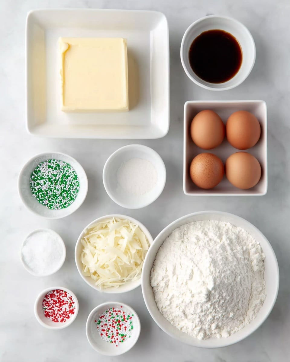 The image shows a white square dish with a solid block of pale yellow butter in the top left corner, next to a white round bowl filled with dark brown liquid positioned in the top right. Below, a white round bowl holds three brown eggs, and beside it to the right is another white round bowl filled with fine white flour. In the lower left corner, there is a white round bowl filled with shredded white cheese. Around these main bowls are three small white bowls containing colored sprinkles: green with white dots on top near the center, white with tiny beads below it, and red with white dots on the bottom right. The background is a white marbled surface photo taken with an iphone --ar 4:5 --v 7
