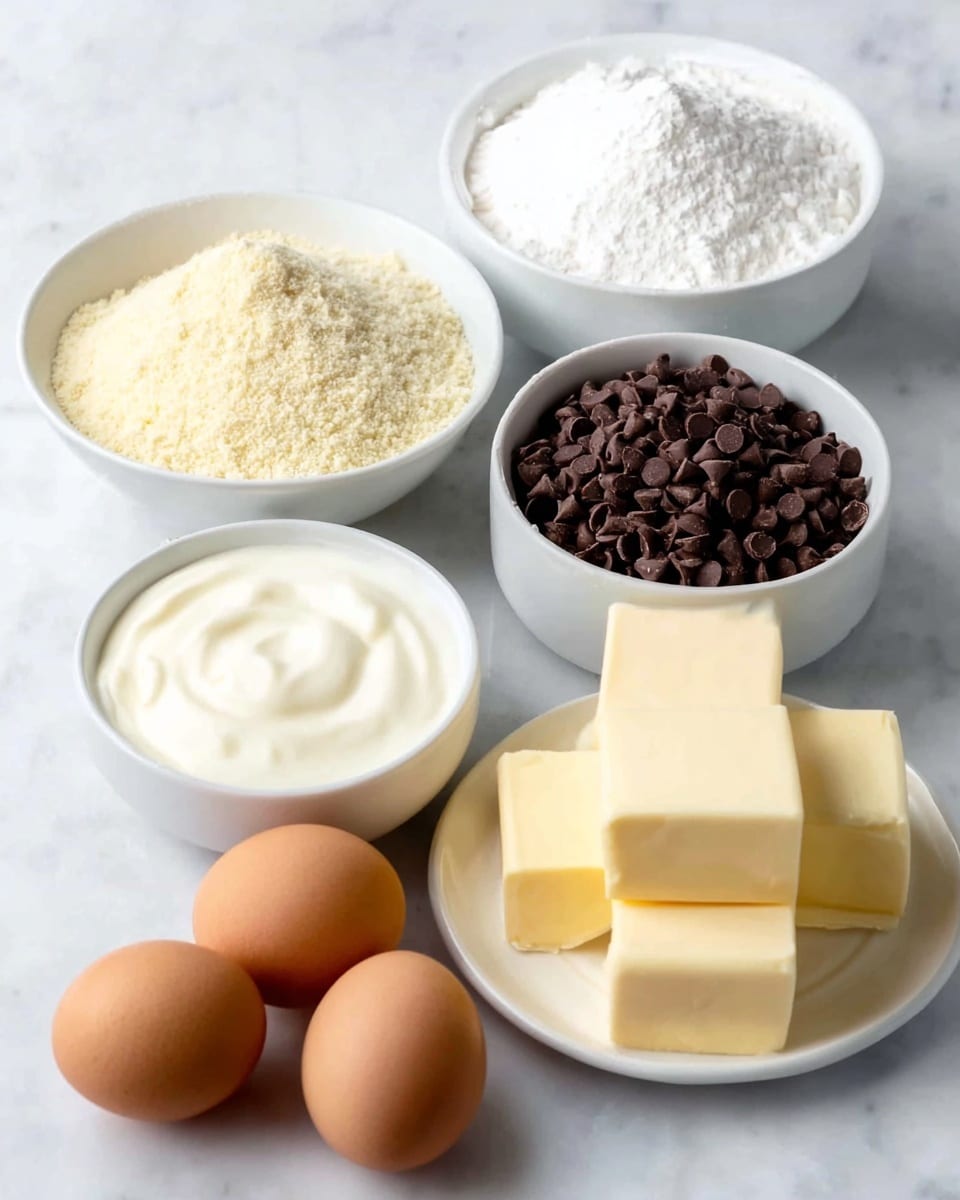 The image shows six ingredients arranged on a white marbled surface. There is a white bowl filled with white powdery flour located at the top left, next to a white plate holding six pale yellow butter cubes arranged in a small pile at the top right. Below the flour bowl, there is a white bowl with pale yellow cornmeal forming a small mound. To the right of the cornmeal bowl, there is a smaller white bowl filled with dark chocolate chips. At the bottom left, two brown eggs rest directly on the surface, and finally, a white bowl filled with smooth, swirled white sour cream is at the bottom right. The whole scene is neatly organized and clearly shows the texture and color of each ingredient photo taken with an iphone --ar 4:5 --v 7