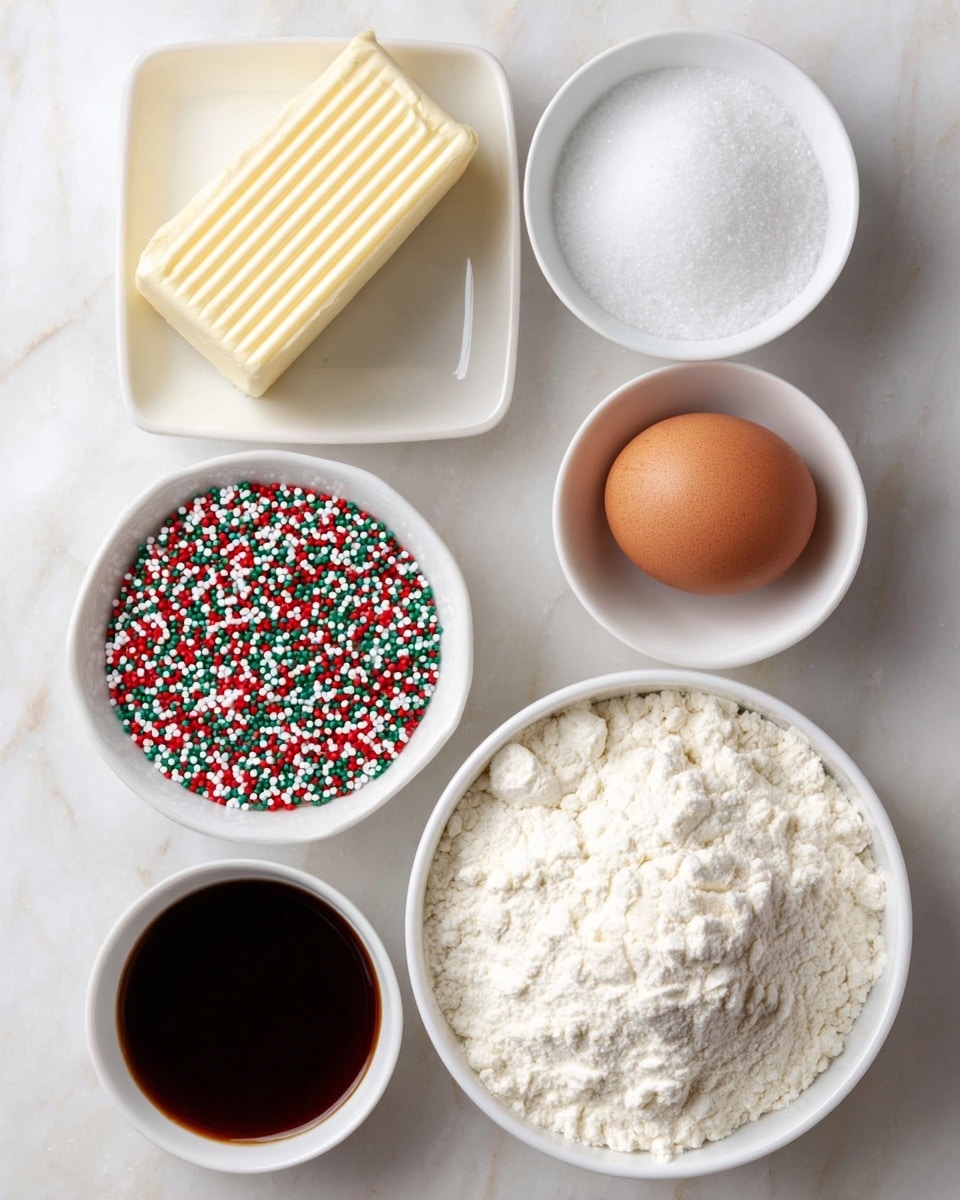 The image shows six white dishes with different baking ingredients arranged on a white marbled surface. At the top left, there is a small square white plate holding a rectangular block of pale yellow butter with neat ridges. To the right of the butter, a whole brown egg with light speckles rests directly on the surface. Below the egg, a small round white bowl is filled with fine white sugar granules, slightly heaped. Beneath it, a larger round white bowl contains a pile of white flour with a slightly uneven, fluffy texture. To the left of the flour, another small round white bowl holds dark brown vanilla extract with a shiny, smooth surface. Finally, at the bottom left corner, a tiny round white bowl is filled with colorful round sprinkles in red, green, white, and pink. The overall layout is clean and organized, with natural soft lighting highlighting the textures and colors. photo taken with an iphone --ar 4:5 --v 7