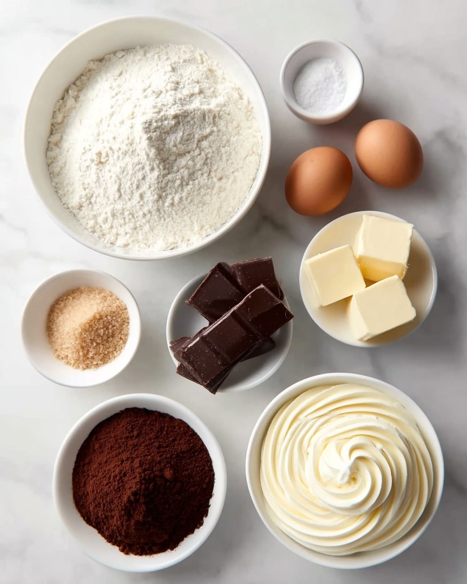 The image shows several white bowls with baking ingredients arranged on a white marbled surface. At the top left is a large bowl filled with white flour with a soft, powdery texture. To its right, two brown eggs rest directly on the surface. Below the eggs, a smaller bowl contains fine white powdered sugar. Next to the flour bowl on the left, a tiny bowl has light brown sugar with a grainy texture. Below this is a bowl with two pieces of pale yellow butter sitting in a small amount of liquid, likely honey or syrup. In the center, a white bowl holds dark brown cocoa powder with a dry, powdery look. To the right of the cocoa powder, a small stack of dark chocolate squares with smooth, glossy surfaces is placed directly on the marble. Finally, at the bottom right, a bowl shows thick, white cream or frosting with a smooth, swirled texture. photo taken with an iphone --ar 4:5 --v 7