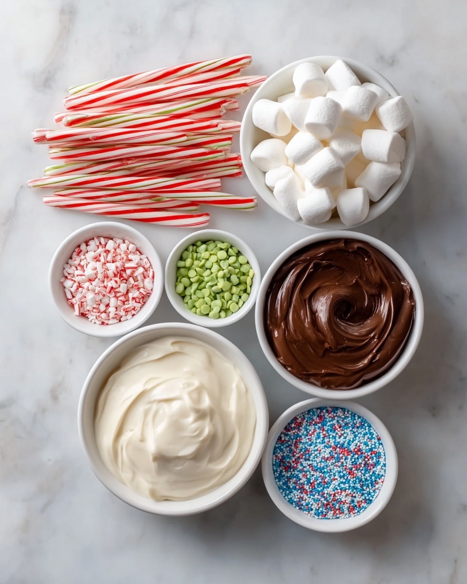 The image shows six white bowls and a group of candy canes arranged on a white marbled surface. On the top right, a large white bowl is filled with fluffy white marshmallows. To the left of the marshmallows are several red and white striped candy canes standing upright. Below the marshmallows bowl, there is a bowl of smooth, creamy white frosting. To the bottom left, a bowl contains thick, glossy brown chocolate. Between these two bowls are three smaller white bowls; the left one contains small pale green candy pieces, the middle one has crushed red and white peppermint pieces, and the right one is filled with tiny round multicolored sprinkles. The bowls and candy canes are neatly arranged and clearly visible. photo taken with an iphone --ar 4:5 --v 7