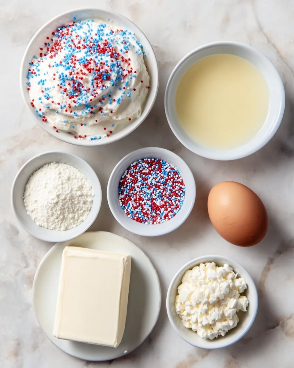 The image shows several white bowls and a white plate arranged on a white marbled surface. In the center white plate, there is a large block of cream cheese next to a brown egg. Around the plate, there are five white bowls: the top left bowl is filled with white frosting covered with red, blue, and white round sprinkles; the top right bowl has a pale yellow liquid, likely oil; the bottom left bowl contains white ricotta cheese with a fluffy texture; the middle left bowl has white powdered sugar; the bottom right bowl holds colorful red, white, and blue round sprinkles; and next to it is a small bowl filled with more white powder, possibly salt. The ingredients are neatly placed and well lit, showing a mix of smooth, creamy, and powdery textures. photo taken with an iphone --ar 4:5 --v 7