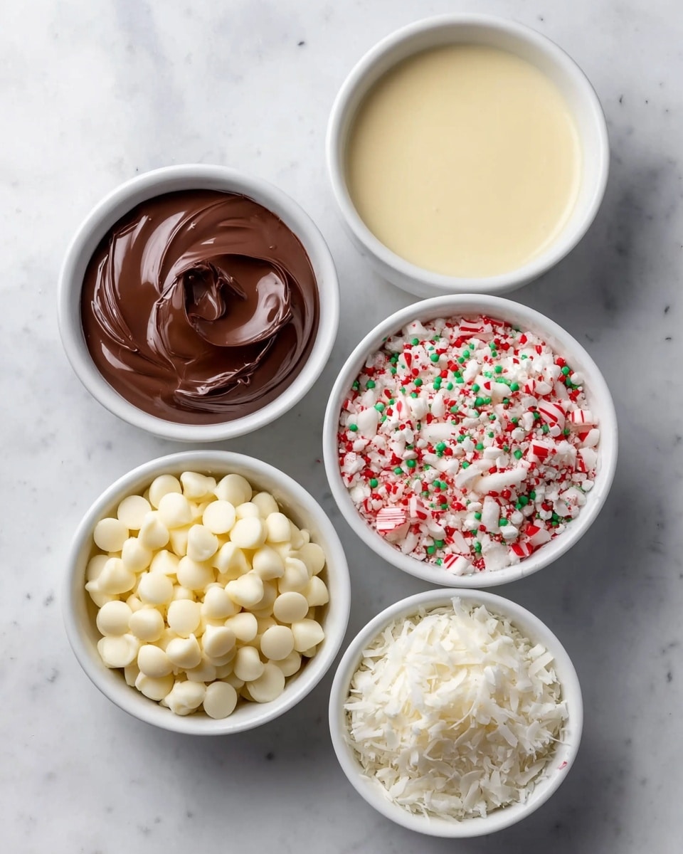 Five white bowls sit on a white marbled surface, arranged closely together. The top right bowl is filled with crushed peppermint candy in red and white pieces mixed with tiny green and white round sprinkles, creating a colorful and textured look. Below it, the middle right bowl holds smooth, creamy white chocolate sauce with a glossy surface. The bottom right bowl contains finely shredded white coconut that looks light and fluffy. To the left of these, the bottom left bowl is filled with small, round white chocolate chips stacked unevenly. Above it, the top left bowl contains a thick, dark brown chocolate sauce with a shiny, swirled texture. Photo taken with an iphone --ar 4:5 --v 7