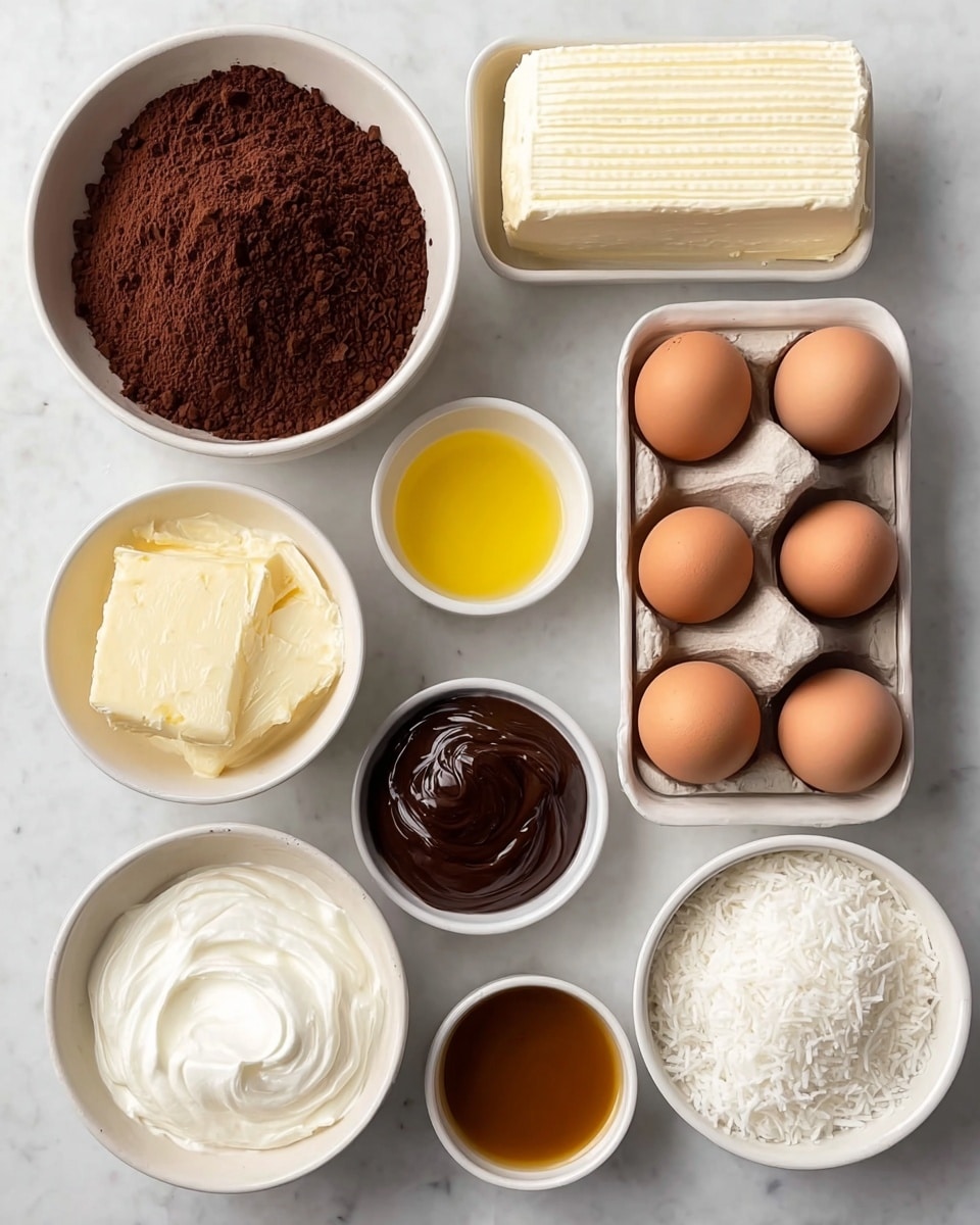The image shows seven white bowls and one white rectangular dish arranged on a white marbled surface. The largest bowl contains a mound of dark brown powder with a slightly rough texture, positioned on the left side. To the right of it, the rectangular dish holds a rectangular block of smooth, white cream cheese with lined grooves on its surface. Above the block are six brown eggs sitting inside a white rectangular bowl. A small white bowl in the lower left corner holds a shiny, dark brown sauce with a glossy, smooth texture. Next to it, another small bowl contains a golden-brown syrup-like liquid. In the center bottom, a medium bowl holds thick, white whipped cream with soft swirls. The last bowl, on the lower right, is filled with white shredded coconut, appearing fluffy and textured. Near the top left, a small round bowl contains a solid yellow piece of butter partly melted in clear liquid. Photo taken with an iphone --ar 4:5 --v 7