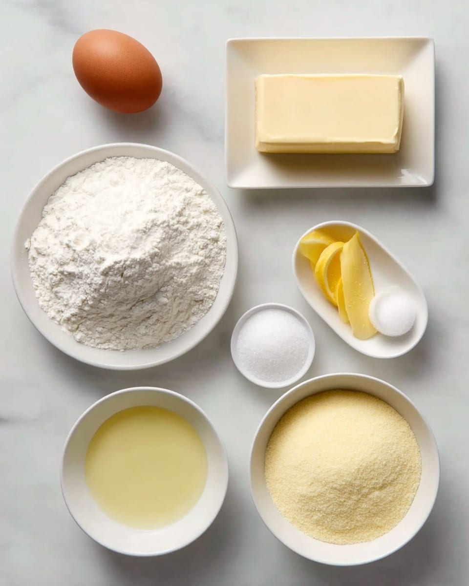 A top view of six ingredients arranged neatly on a white marbled surface: a whole brown egg on the left, a white rectangular dish with a smooth block of pale yellow butter at the top right, a white plate filled with a mound of white flour in the center left, a small white bowl with thin yellow lemon slices at the center right, a white bowl with white granulated sugar below that, a small white bowl of light yellow cornmeal at the bottom right, and a white bowl filled with a pale yellow liquid at the bottom left. The ingredients are spaced evenly in a clean and simple layout photo taken with an iphone --ar 4:5 --v 7