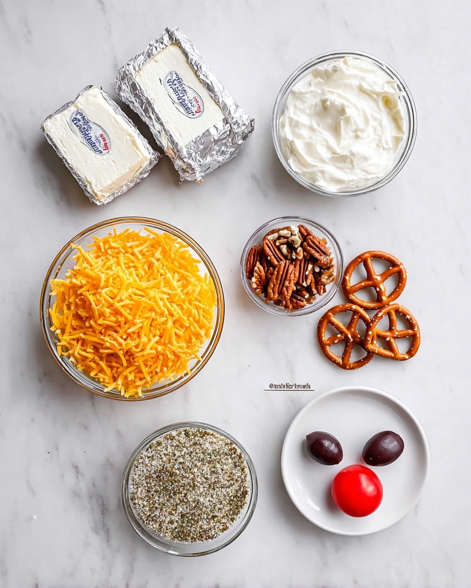 A round cheese ball covered with chopped nuts forms the main body of a reindeer face, placed in the center of a white plate. Two large brown pretzels are inserted on top at the back, looking like antlers. Two black olives are used as eyes on the front side of the cheese ball, and a bright red cherry tomato is placed below them as the nose. Surrounding the cheese ball, a single layer of round crackers forms a neat ring along the edge of the plate. The plate sits on a white marbled surface with blurred items like a bowl of cherry tomatoes and a beige pitcher in the background. Photo taken with an iphone --ar 4:5 --v 7
