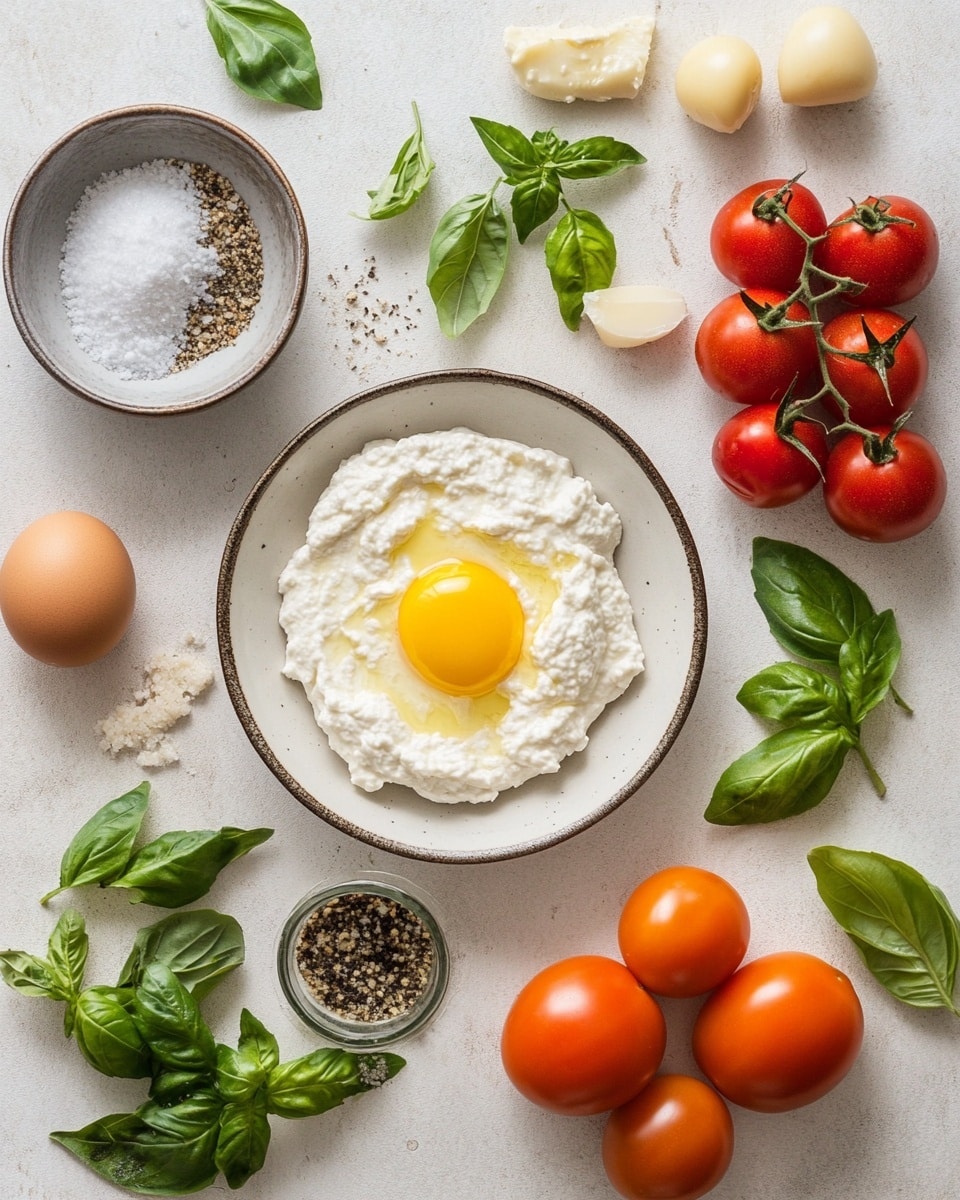 The image shows several square puff pastry tarts arranged closely, each with three layers. The bottom layer is a golden-brown, flaky pastry with slightly raised edges. The middle layer is a creamy white spread that fills the center, contrasting with the pastry's color. On top, there are halved cherry tomatoes in red, orange, and yellow, with a slightly roasted texture, and some finely sliced green basil leaves sprinkled over them. The tarts rest on a light-colored baking paper on a white marbled surface, creating a bright, fresh look. Photo taken with an iphone --ar 4:5 --v 7