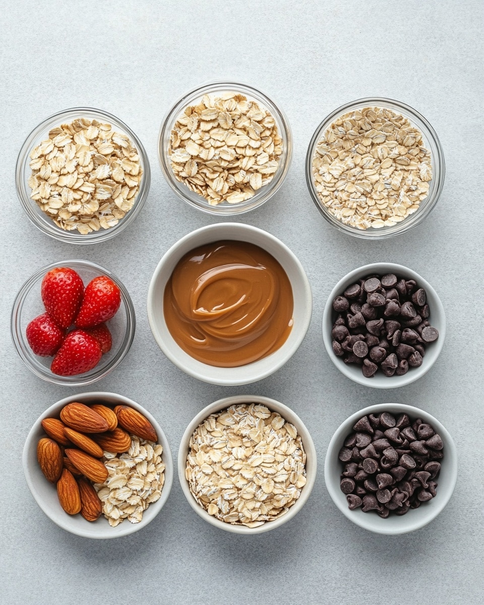 The image shows two layered oat bars stacked on a white surface with a white marbled texture below. Each bar has two main layers: the thick base layer is dense with visible oats, small white nut pieces, and dark brown chocolate chips inside, while the top layer is a more compact mix of golden oats with some glossy syrup coating and a few large chocolate drops placed on top. The edges are straight and the texture looks chewy and slightly sticky. Around the bars, there are a few loose chocolate chips scattered casually. Photo taken with an iphone --ar 4:5 --v 7