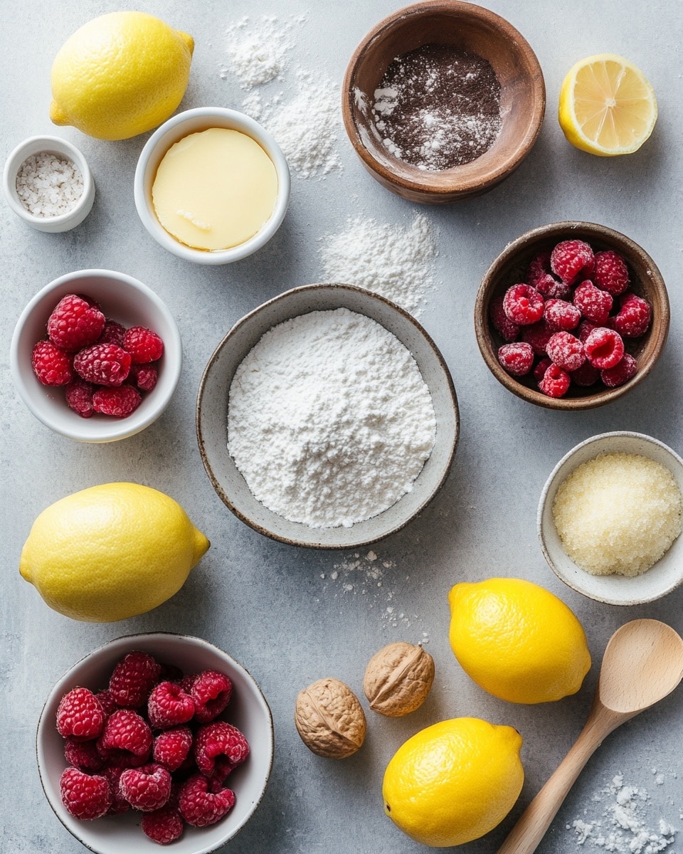 A close-up view of several round cookies with a light beige base showing a rough texture, each swirled with bright red raspberry streaks unevenly spread across the surface creating marbled patterns; the tops are sprinkled with coarse white sea salt crystals and tiny yellow specks. The cookies are stacked and grouped on white parchment paper, set on a baking tray edge visible at the top, and a few whole fresh raspberries are scattered around them on the white marbled surface. photo taken with an iphone --ar 4:5 --v 7
