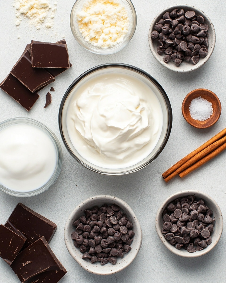 Two white mugs filled with rich brown hot chocolate topped with two layers of mini white marshmallows and white whipped cream sprinkled with brown cocoa powder. The mugs show tiny dark chocolate chips peeking through the marshmallows on one side. The hot chocolate has a smooth, slightly frothy texture visible under the toppings. Each mug rests on a white saucer placed on a white marbled surface scattered with a few loose chocolate chips, and a gray knitted fabric is partially visible near the top right corner. The scene is bright with natural light and focused from above photo taken with an iphone --ar 4:5 --v 7