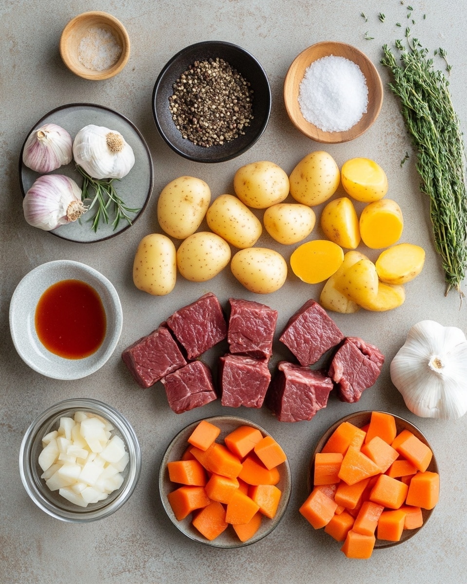 The image shows a close-up of a rich stew inside a black pot. The stew has three main layers: large, soft chunks of orange carrots, golden-yellow potatoes, and sealed pieces of dark brown meat all covered in a thick, shiny brown sauce. Small bits of green herbs are sprinkled on top. A light wooden spoon is partly visible on the right side, scooping some stew. The stew looks warm and hearty with a glossy texture. The pot sits on a white marbled surface. photo taken with an iphone --ar 4:5 --v 7