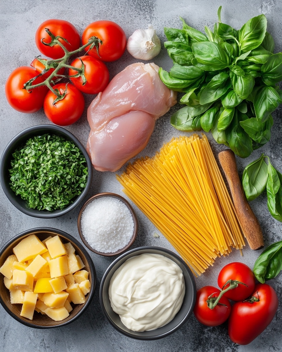 A creamy pasta dish filled with light yellow spaghetti noodles mixed with shredded pale chicken pieces, small chunks of soft red tomatoes, and bits of light green and white vegetables, all coated in a thick, smooth, light orange sauce. The dish is garnished with small, bright green parsley leaves scattered on top, adding a fresh pop of color. The background is a white marbled texture. photo taken with an iphone --ar 4:5 --v 7