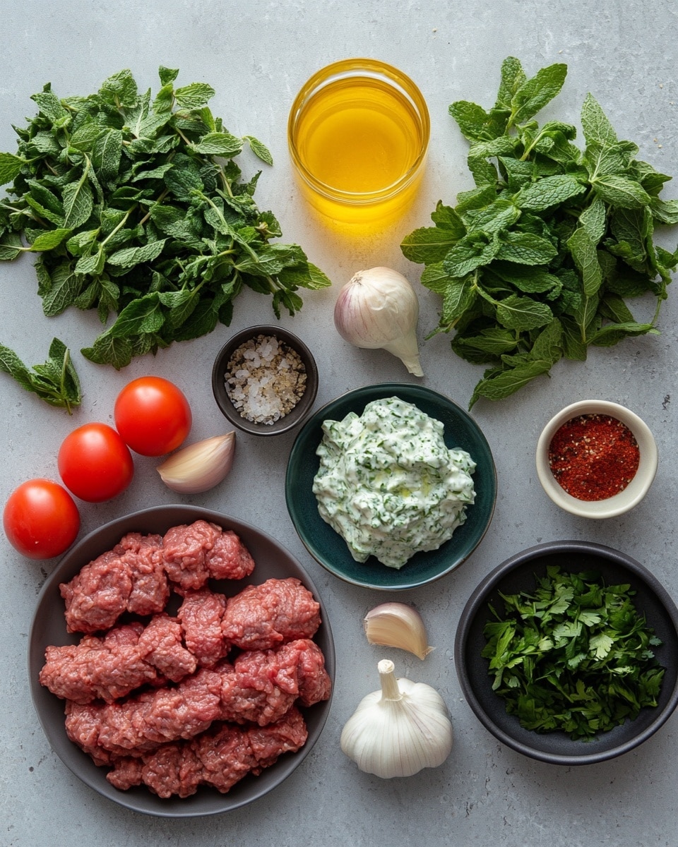 A white plate with a black rim holds seven grilled meat skewers arranged in a slightly messy pile. The meat is dark brown with char marks and has a rough, uneven texture. Underneath the skewers, there is a layer of creamy white sauce with green herbs mixed in, spreading out near the edges. On top of the meat and sauce, there are many halved red cherry tomatoes and sliced green olives scattered, adding bright red and yellow-green colors. Small green leafy herbs, possibly parsley and dill, are sprinkled on top. Around the edge of the plate are triangular pieces of light brown flatbread. The plate sits on a white marbled surface. Photo taken with an iphone --ar 4:5 --v 7