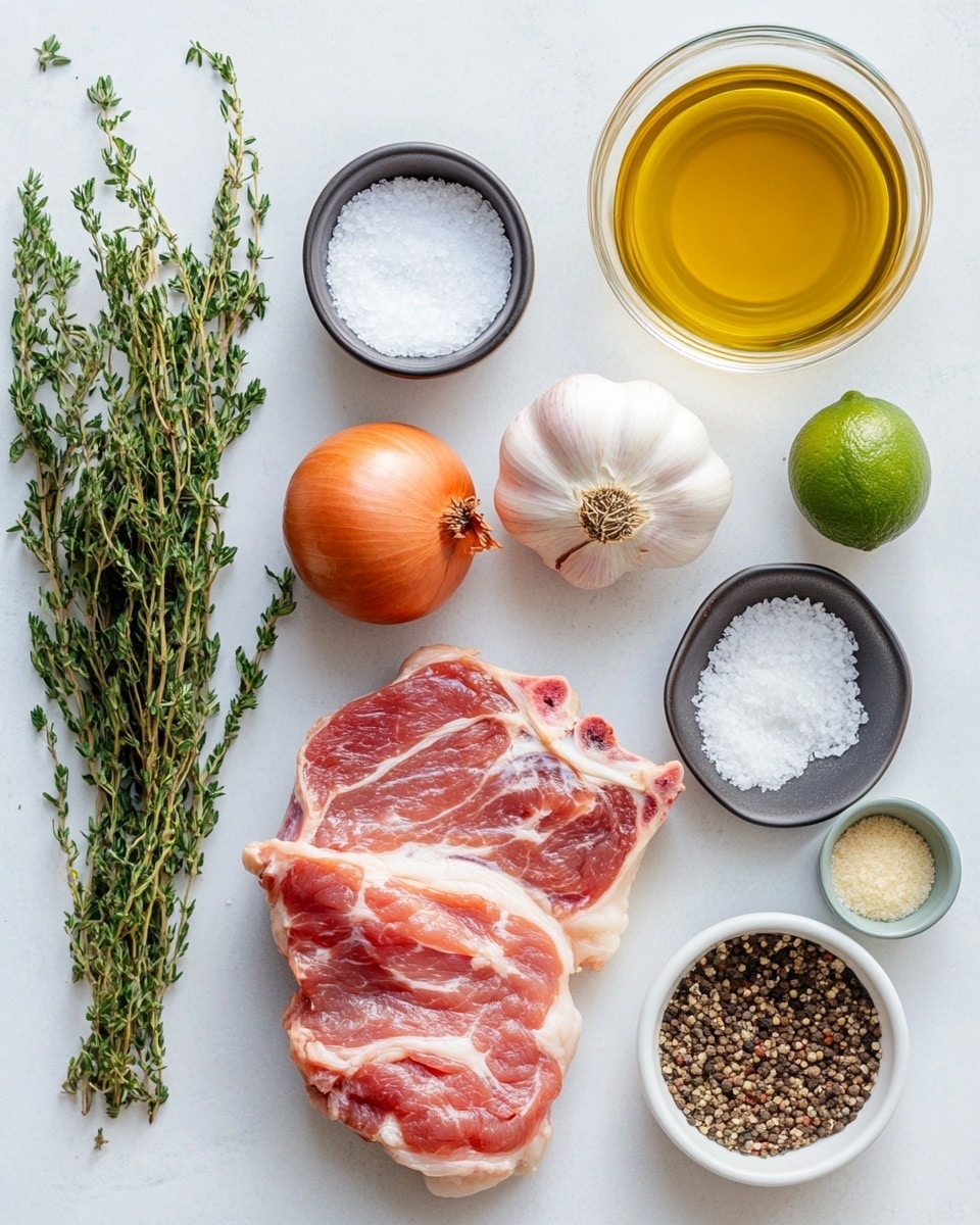 A white plate holds a large piece of roasted meat with a shiny, dark brown crust on top, sliced into thick pieces showing a tender, juicy inside. To the left, a white bowl filled with shiny black beans with a slightly thick texture sits on a gray linen cloth. Above the plate, a small white bowl contains fresh lettuce leaves topped with slices of red tomatoes and ring-shaped white onions arranged evenly. To the right, a white bowl filled with fluffy white rice rests near a spoon on the same gray cloth, all placed on a white marbled surface with colorful red and orange striped fabric underneath. Photo taken with an iphone --ar 4:5 --v 7