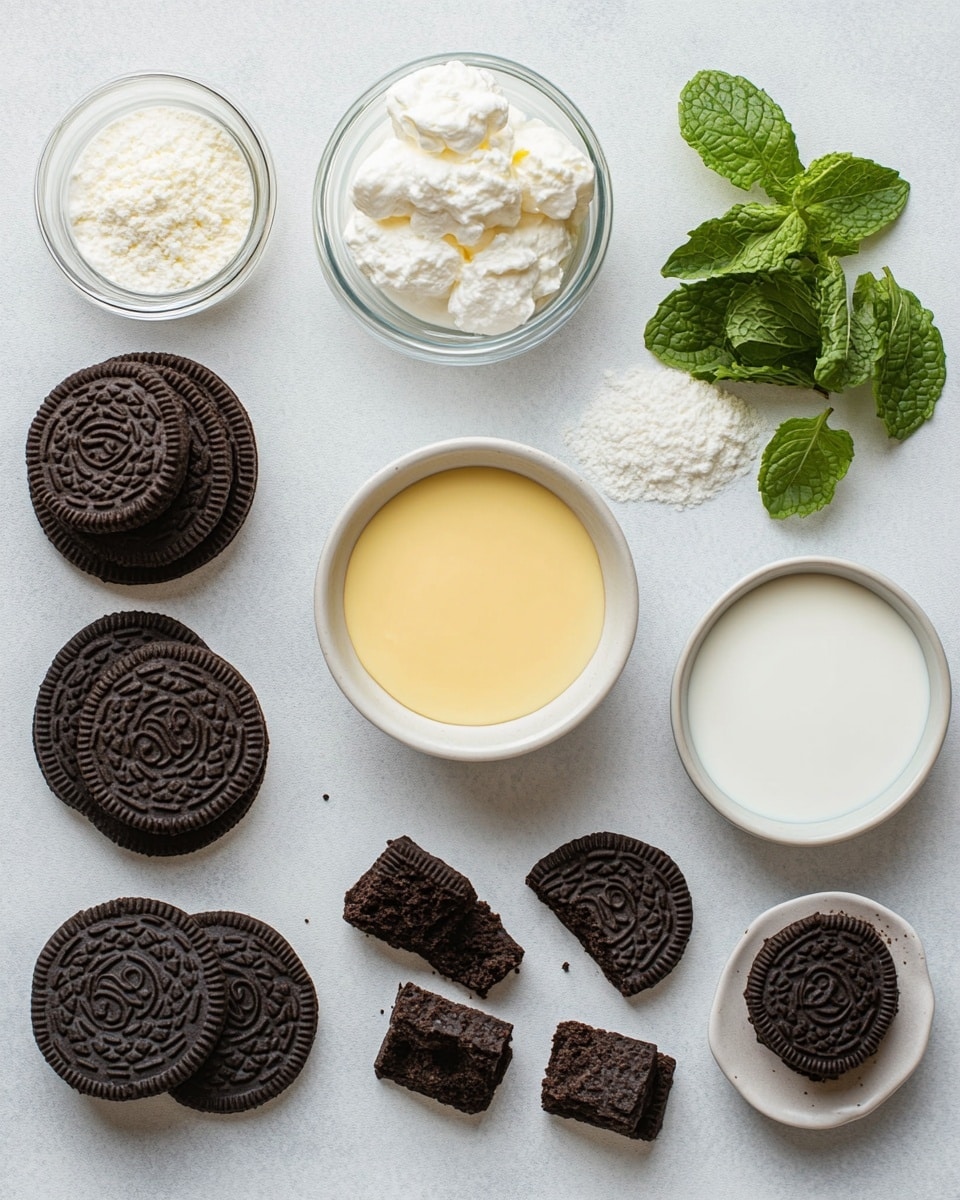 The image shows a square layered dessert on a white plate with a silver fork beside it. The bottom layer is dark and crumbly like crushed chocolate cookies. Above it, there is a smooth, bright mint green layer. The next layer is a creamy chocolate brown, thick and rich-looking. On top, there is a thick, white whipped cream layer sprinkled with pieces of dark chocolate cookies that have green cream inside. In the background, there is a white bowl filled with whole dark chocolate cookies with green cream, a white cup with a dark drink, and a baking pan with more of the layered dessert. The scene is set on a white marbled surface with some green mint leaves nearby. Photo taken with an iphone --ar 4:5 --v 7
