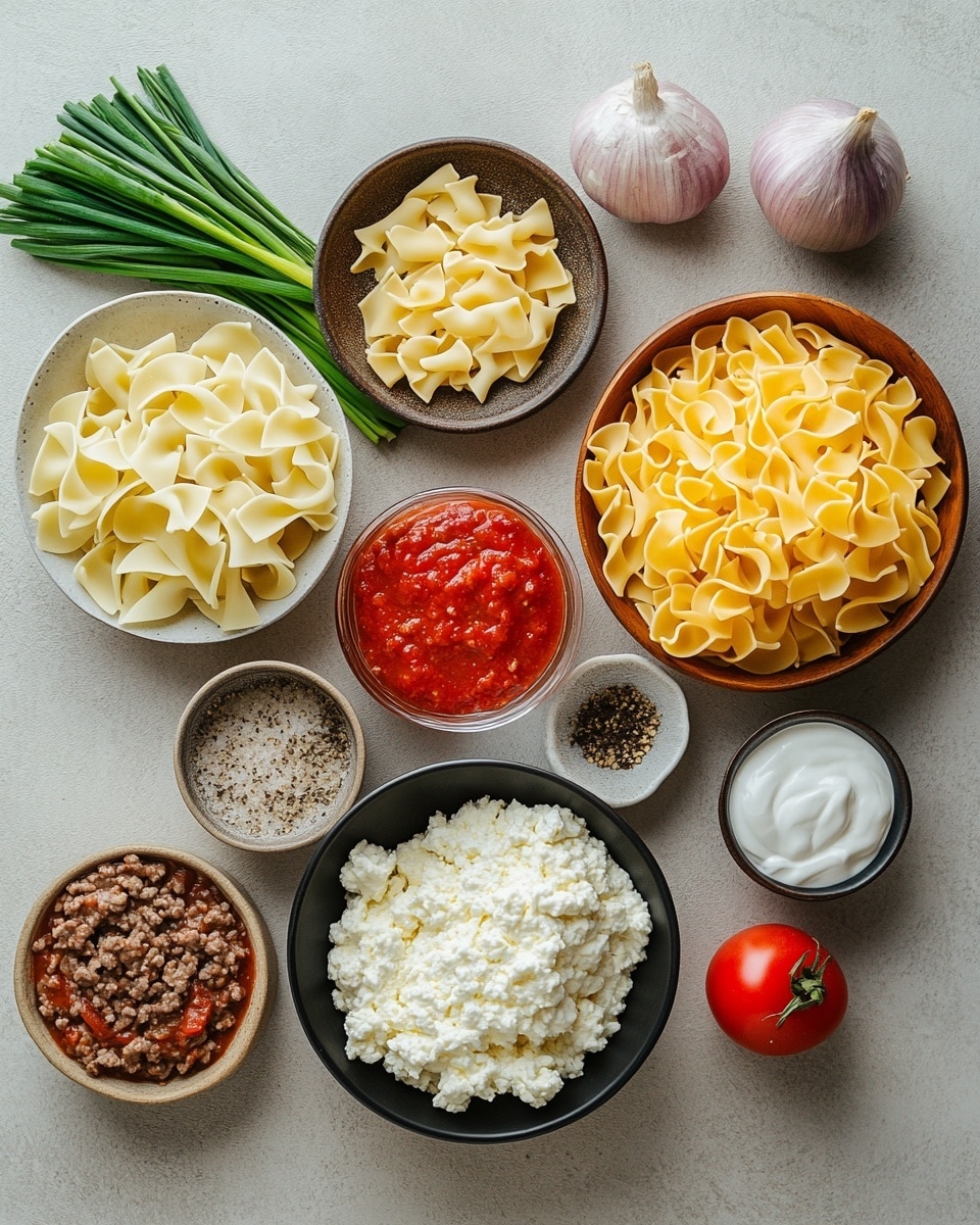 The image shows a clear glass casserole dish filled with three visible layers: the bottom layer is pasta mixed with tomato sauce, the middle layer is chunky cooked ground meat covered with more tomato sauce, and the top layer is melted white and yellow cheese spread evenly all over. A silver serving spoon is scooping into the dish from the left side, lifting some meat and cheese. The dish sits on a white marbled surface, with green chopped onions in a small wooden bowl to the back left and some whole green onions lying nearby on the right side. There is a black plate stacked with forks further back on the right, and a blue and white-striped cloth napkin on the lower left. Photo taken with an iphone --ar 4:5 --v 7