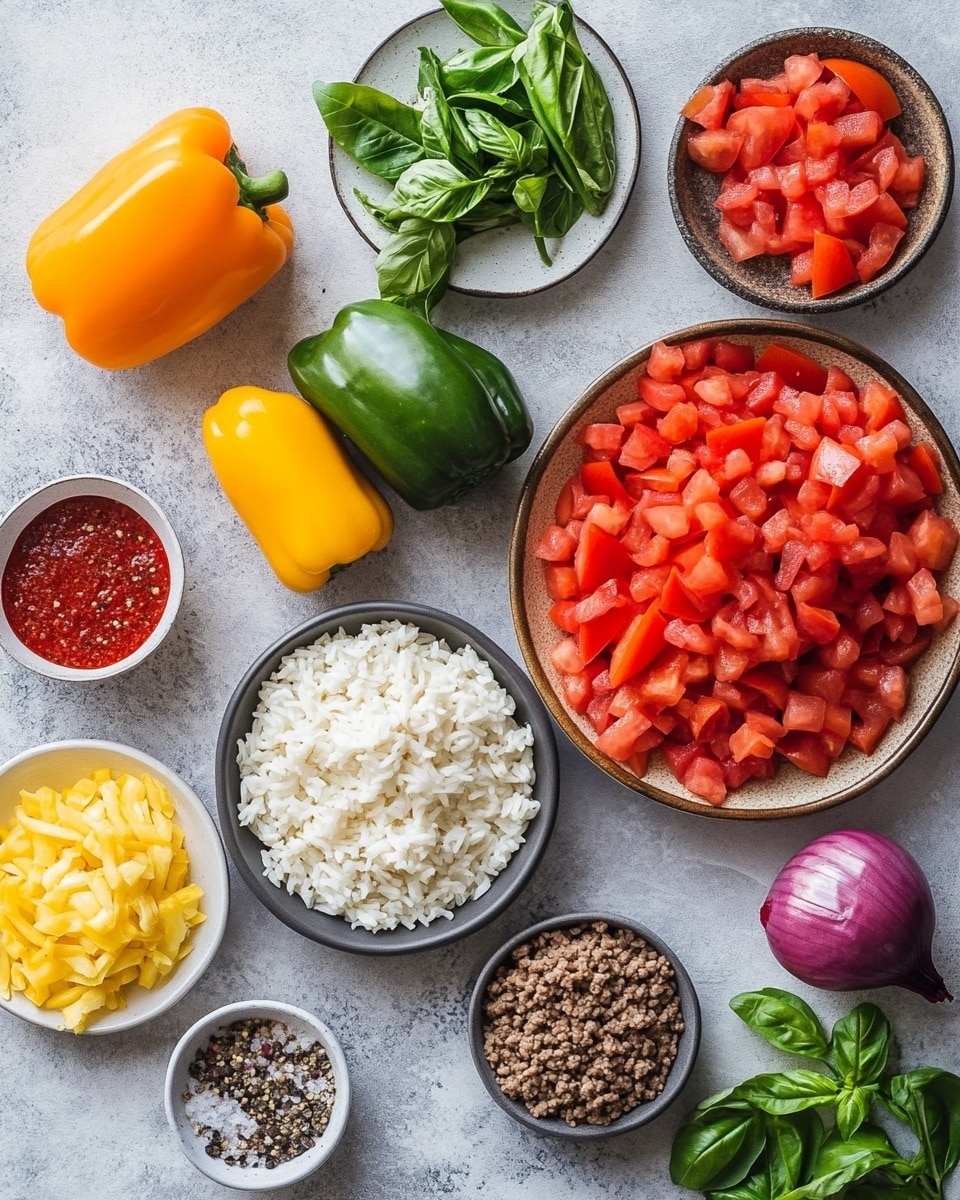The image shows six stuffed bell peppers placed on a white rectangular dish over a white marbled surface. Each pepper is hollowed out and filled with a mix of cooked ground meat, rice, diced tomatoes, and small pieces of other vegetables. On top of the filling is a melted layer of white cheese. The peppers come in three colors: green, red, and yellow, with the green pepper held by a wooden spatula in the foreground. The cheese appears soft and slightly melted, blending with the textured mix of meat and rice beneath it. The photo taken with an iphone --ar 4:5 --v 7