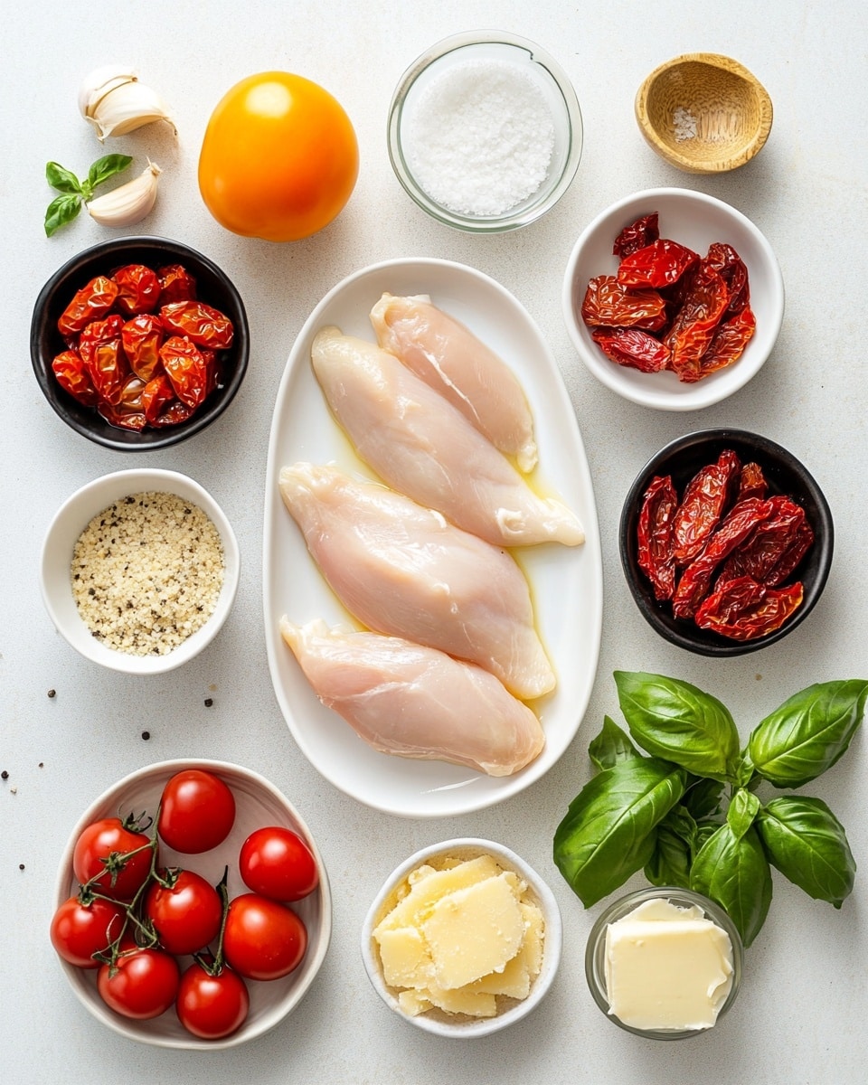 A white pan filled with two golden brown cooked chicken pieces placed side by side, surrounded by a creamy orange sauce with a slightly thick texture. Scattered around the chicken are whole red cherry tomatoes and fresh green basil leaves. Small light brown sunflower seeds are sprinkled on top of the chicken and sauce. The pan is on a rustic wooden surface. photo taken with an iphone --ar 4:5 --v 7