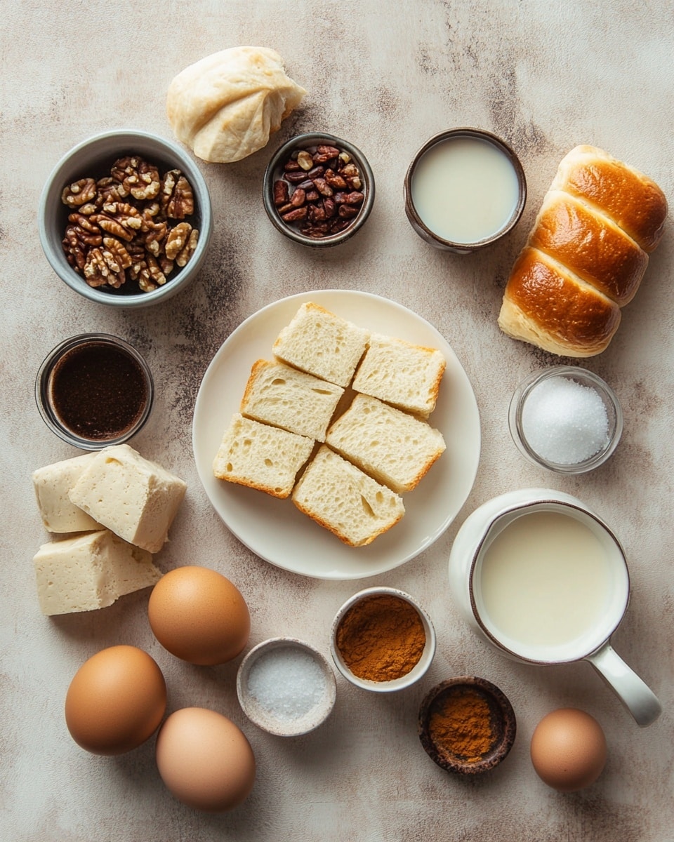 The image shows six golden brown bread pudding pieces inside a shiny silver muffin pan. Each piece has a rough, uneven texture with visible chunks of soft bread and small bits of crunchy nuts scattered on top. A light dusting of white powdered sugar covers the surface of the bread pudding pieces. A sticky, amber syrup drizzled over the bread gives parts of it a shiny, moist look. In the background, out of focus, there is a white bowl filled with bright red raspberries. The whole scene is set on a white marbled surface. Photo taken with an iphone --ar 4:5 --v 7