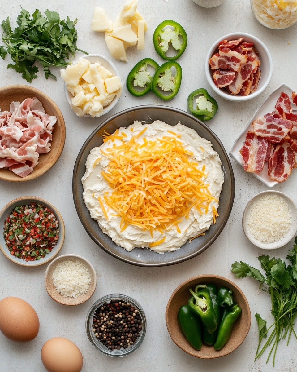 A pile of golden-brown crispy egg rolls is arranged on a white marbled surface, each roll showing a bubbly, crunchy texture. The egg rolls are topped with small diced green peppers and reddish-brown bacon bits scattered evenly. Light white sauce is drizzled across the egg rolls in thin lines, adding contrast and shine. On the top left corner, there is a small round wooden bowl filled with white sauce sprinkled with green herbs. The whole scene looks fresh, crunchy, and colorful. photo taken with an iphone --ar 4:5 --v 7