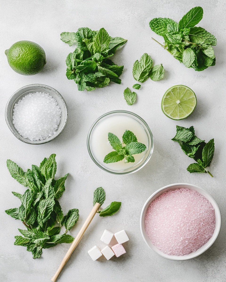 Two tall clear glasses hold a pink layered drink with a deep red layer at the bottom and a lighter pink bubbly layer on top, garnished with fresh green mint leaves inside. Each glass has a bright pink sugar rim and a wooden skewer resting on top, decorated with three round beads in white, green, and pink from left to right. The glasses sit on a white tray with a pink flamingo pattern, along with a shiny silver cocktail shaker, a double-sided metal jigger, and a long metal spoon. The background surface is white with a marble texture. Photo taken with an iphone --ar 4:5 --v 7