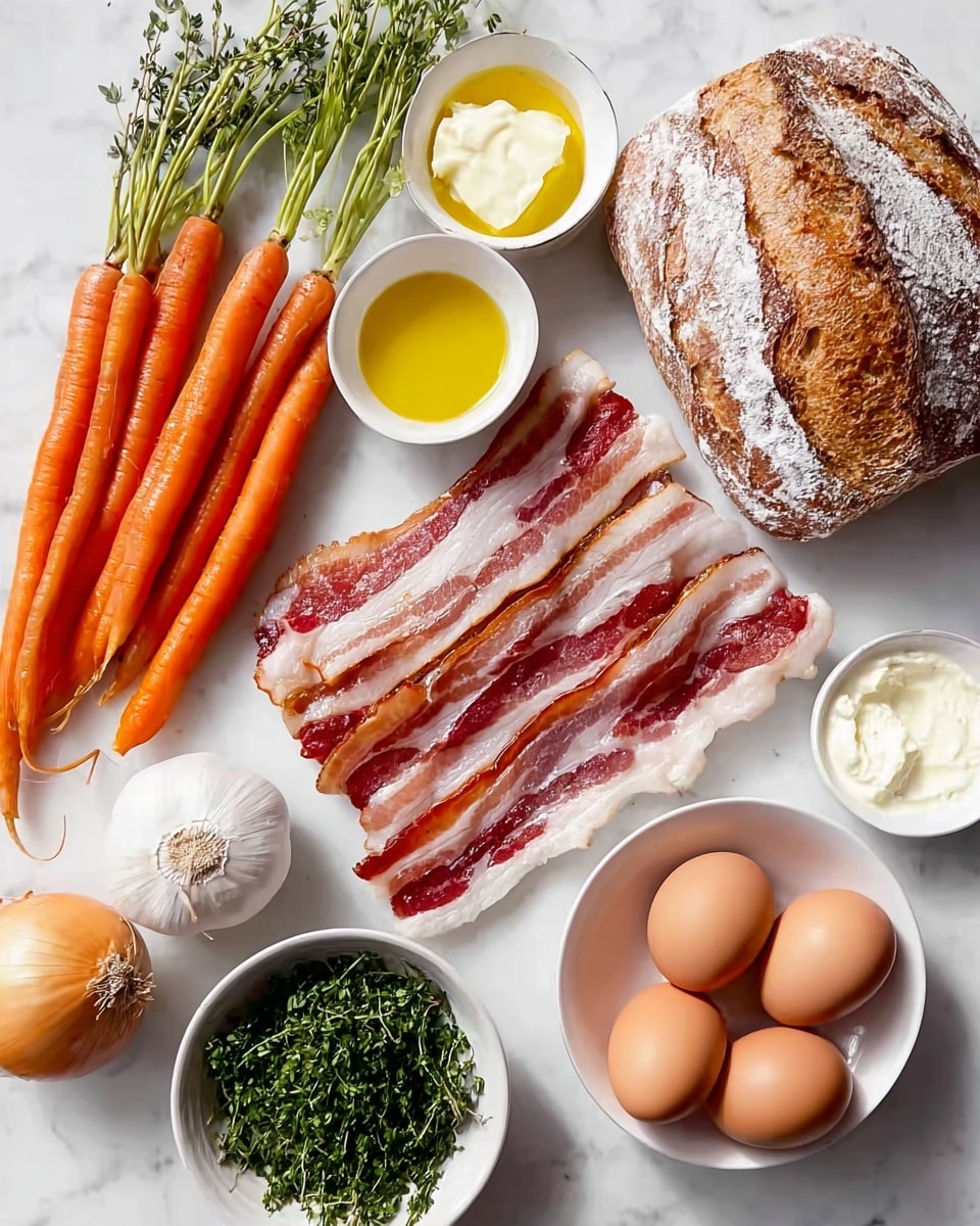 Seven fresh orange carrots with green tops lie in a group on the left side of a white marbled surface. Next to them in the center are three thick slices of raw bacon with pink and white fat stripes. Around them are small white bowls containing bright yellow olive oil, creamy white sauce, chopped green herbs, and three light brown eggs. Two whole garlic heads and a round light brown onion are placed near the bowls. On the far right is a large loaf of crusty bread dusted lightly with flour. Everything is laid out neatly and clearly on the white marbled surface. photo taken with an iphone --ar 4:5 --v 7
