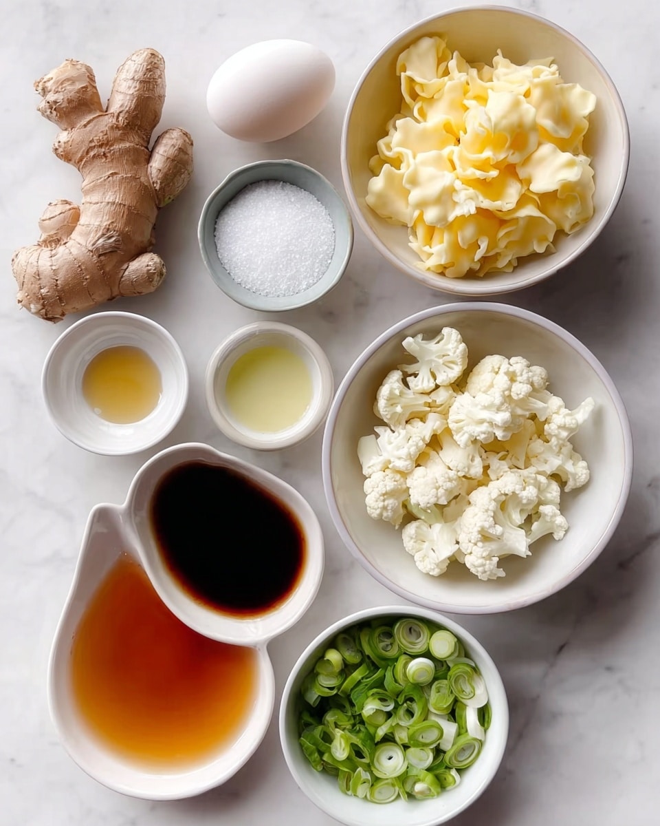 A white marbled surface holds eight small white bowls and one egg, each with different ingredients neatly arranged. At the top left, there is a piece of fresh ginger with a light brown, slightly rough skin. Next to it on the right is a white bowl filled with small yellow cheese curds. Below the ginger, a plain white egg is placed on the surface. To the egg’s right, a small white bowl holds white granulated salt. Below the salt, two white bowls contain dark brown soy sauce and light amber vinegar, respectively. To the right of the vinegar, another white bowl has white cauliflower florets. Just below the cauliflower is a white bowl with green sliced scallions. At the bottom left corner, a larger white bowl contains a golden-colored broth. All items are spaced evenly on the white marbled background. photo taken with an iphone --ar 4:5 --v 7