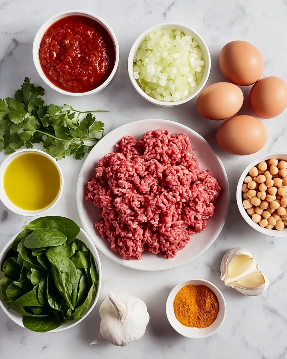 The image shows eight small white bowls and a white plate arranged on a white marbled surface. The large white plate in the center holds ground raw meat with a coarse texture and pinkish-red color. To the top right of this plate, four whole brown eggs are grouped together. Surrounding these central items, from top left, there is a white bowl filled with thick dark red tomato sauce with a slightly chunky texture; below it is a small white bowl of typical golden-yellow curry powder; next to the plate on the right is a small white bowl with pale yellow sliced onions; below it is a white bowl full of light beige chickpeas with a smooth surface; next to the curry powder, further down is a white bowl filled with fresh, dark green spinach leaves with a fresh, smooth texture. In the middle bottom, a small white bowl contains a clear yellow liquid, likely oil, and next to it on the right is a small glass bowl with a slightly deeper yellow liquid. Two pale green cilantro leaves are placed between the spinach bowl and the small bowls. The whole arrangement rests on a clean white marbled surface, and the photo was taken with an iphone --ar 4:5 --v 7
